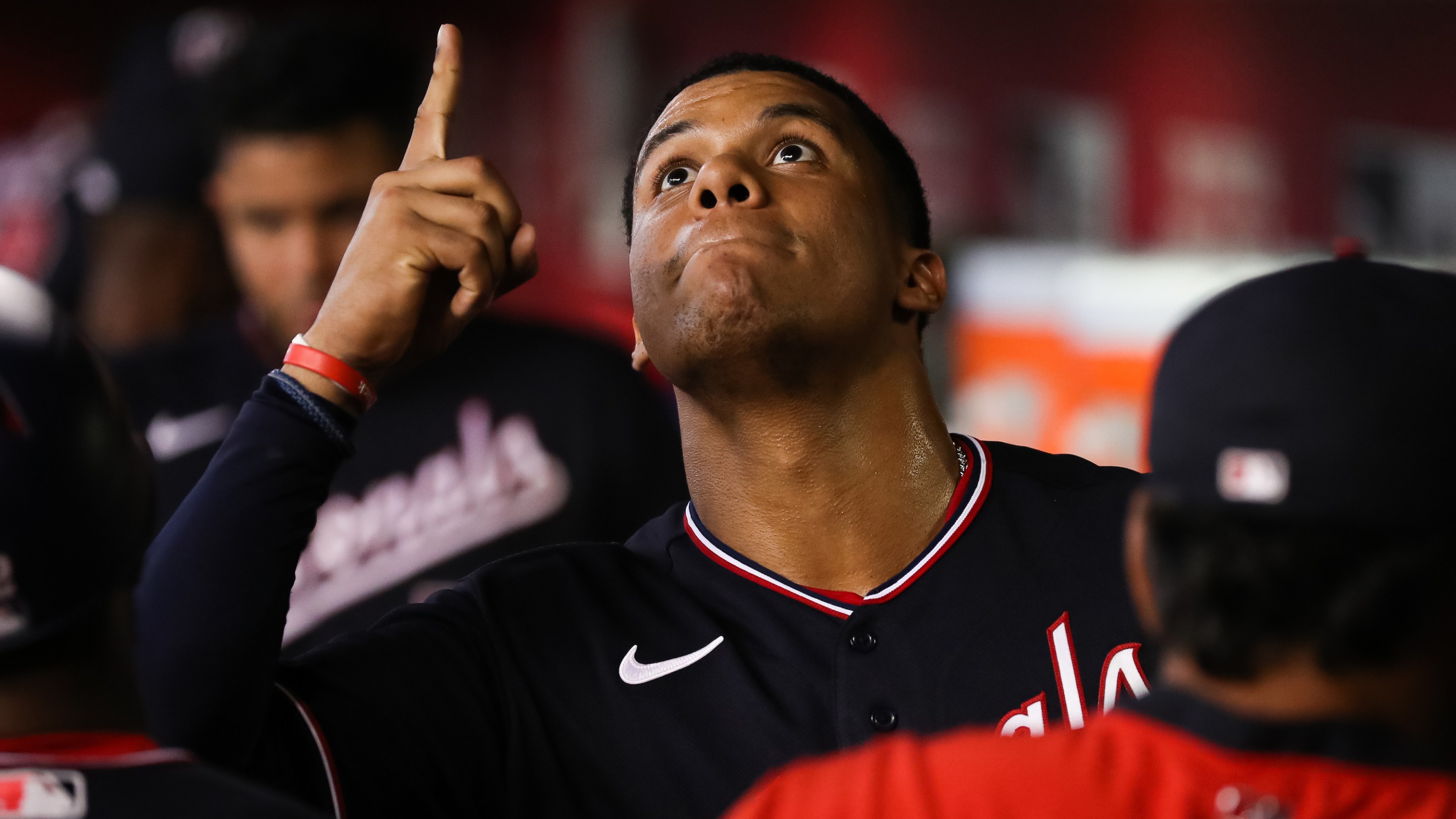 Juan Soto of the Washington Nationals, seen here pointing up.