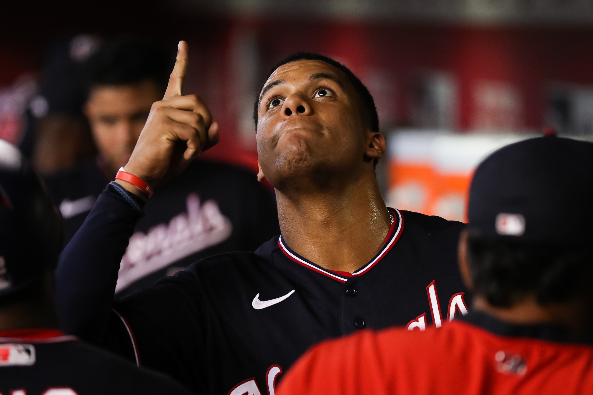 Juan Soto of the Washington Nationals, seen here pointing up.