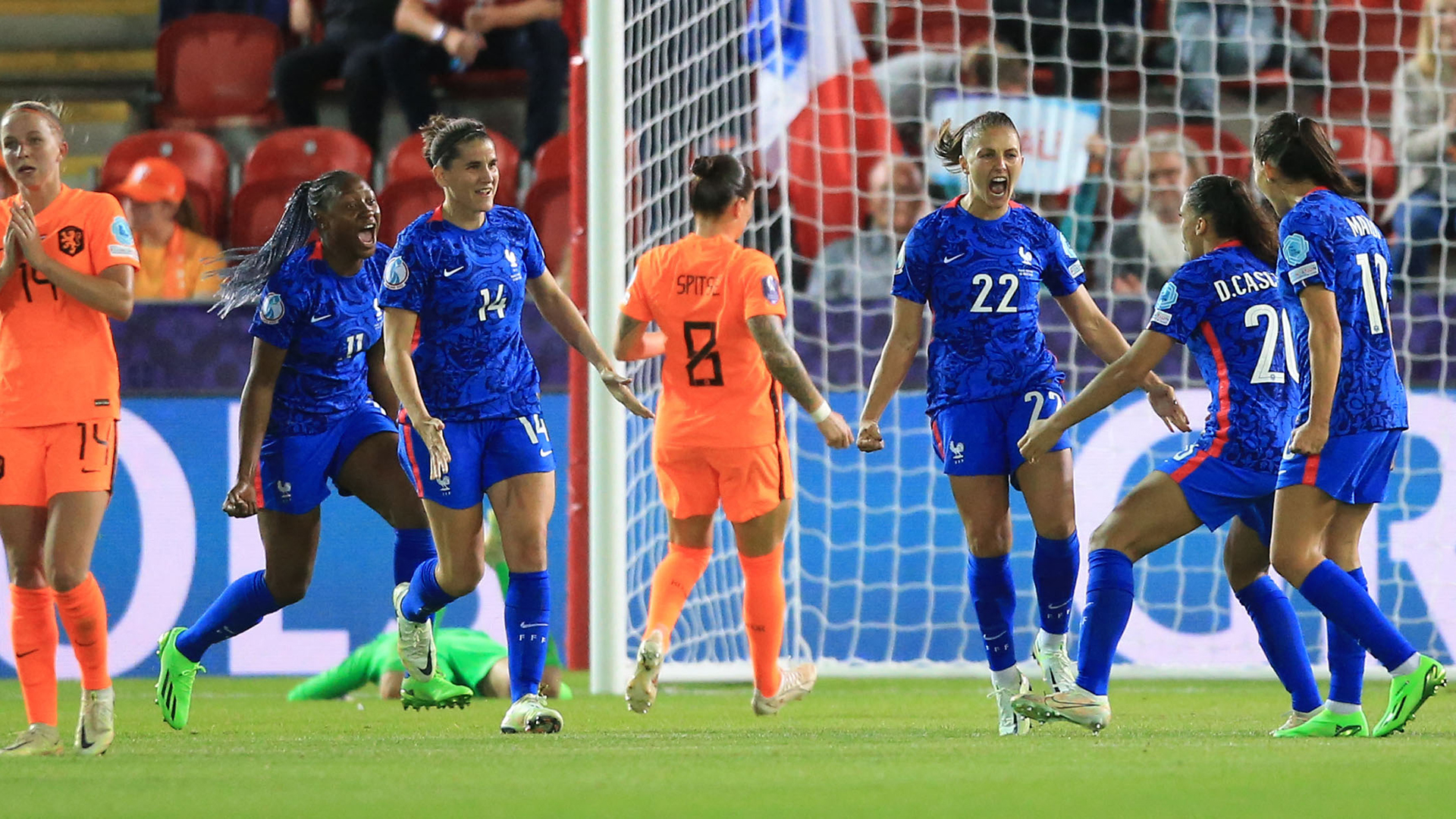 France's defender Eve Perisset (3R) celebrates her goal with teammates during the UEFA Women's Euro 2022 quarter final football match between France and Netherlands at the New York Stadium, in Rotherham, on July 23, 2022.