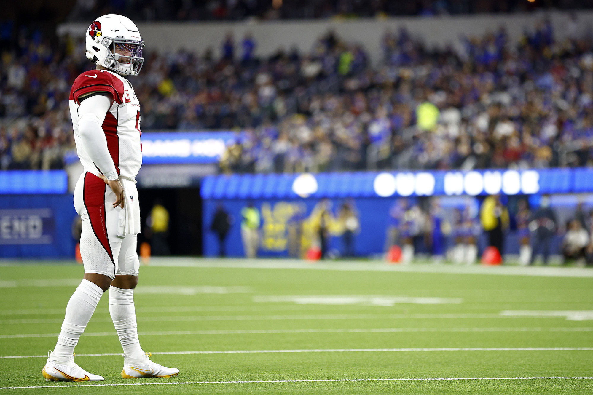 INGLEWOOD, CALIFORNIA - JANUARY 17: Kyler Murray #1 of the Arizona Cardinals looks on during the second quarter of the game against the Los Angeles Rams in the NFC Wild Card Playoff game at SoFi Stadium on January 17, 2022 in Inglewood, California. (Photo by Ronald Martinez/Getty Images)