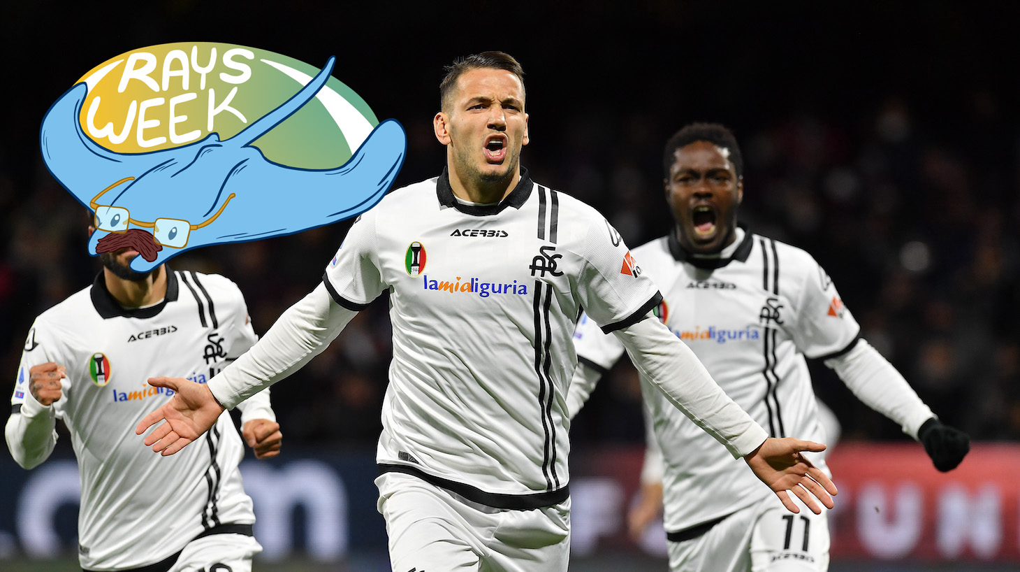 Rey Manaj of Spezia Calcio celebrates after scoring the 1-1 goal during the Serie A match between US Salernitana and Spezia Calcio at Stadio Arechi on February 07, 2022 in Salerno, Italy.