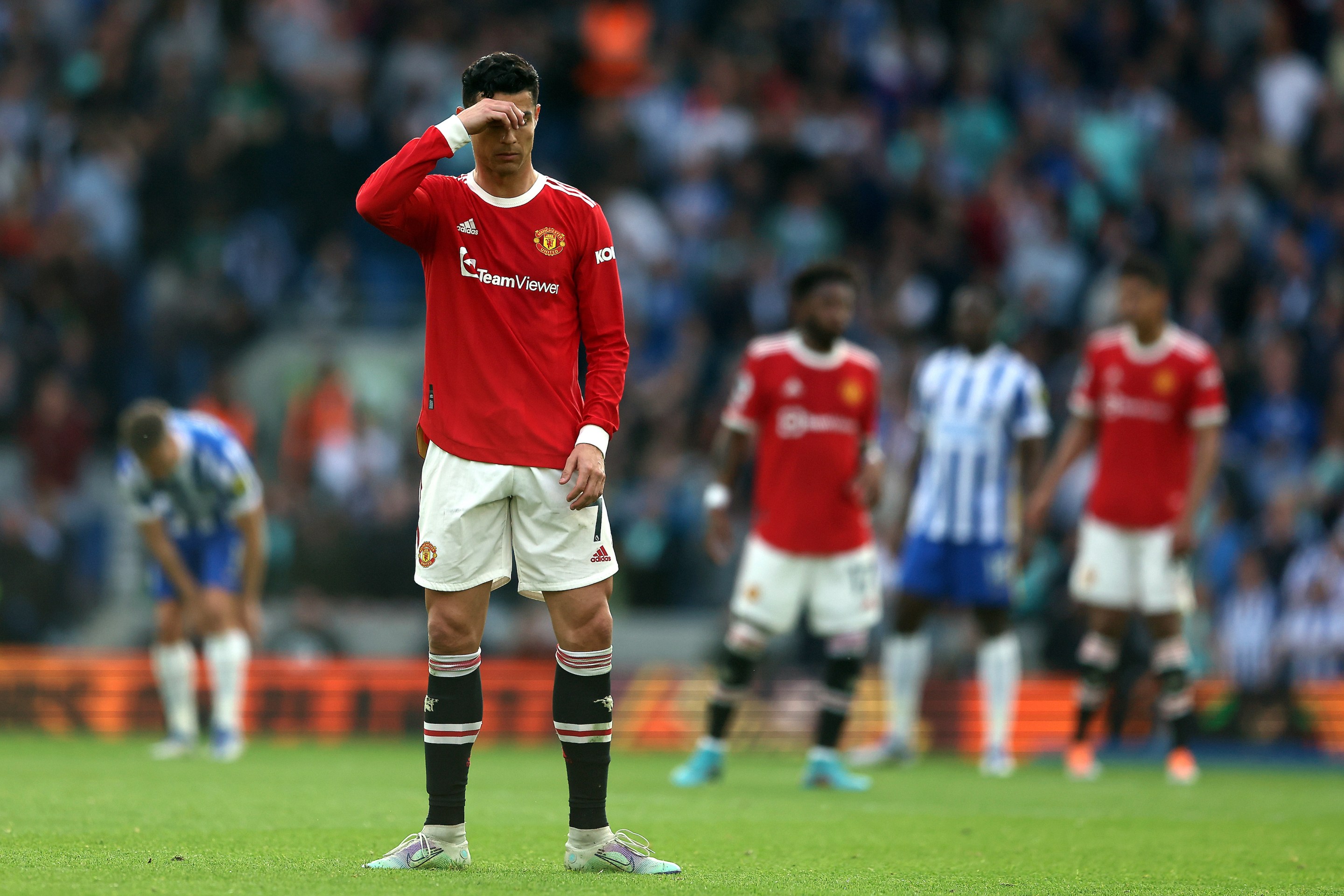Cristiano Ronaldo looking pensive in a Manchester United game, in May of 2022.