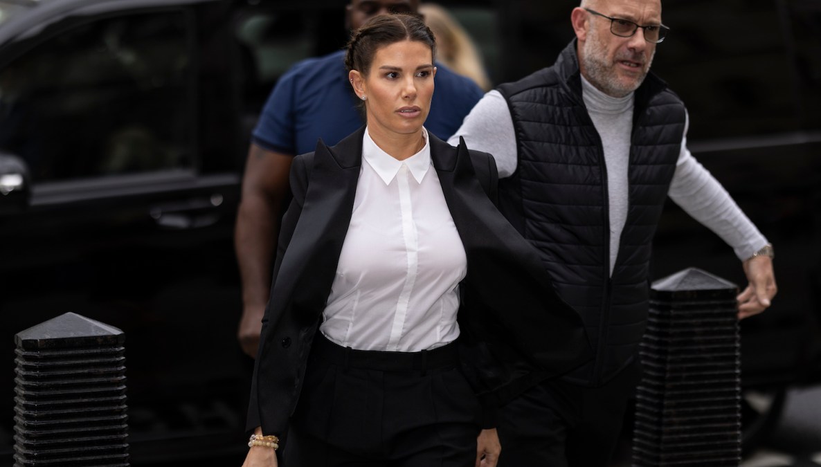 LONDON, ENGLAND - MAY 13: Rebekah Vardy arrives at Royal Courts of Justice, Strand on May 13, 2022 in London, England. Coleen Rooney, wife of Derby County manager Wayne Rooney, and Rebekah Vardy, wife of Leicester City striker Jamie Vardy, are locked in a libel battle dubbed by the media as the "Wagatha Christie" trial. The case centres around accusations that Mrs Vardy leaked false stories about Mrs Rooney's private life to the press. (Photo by Dan Kitwood/Getty Images)