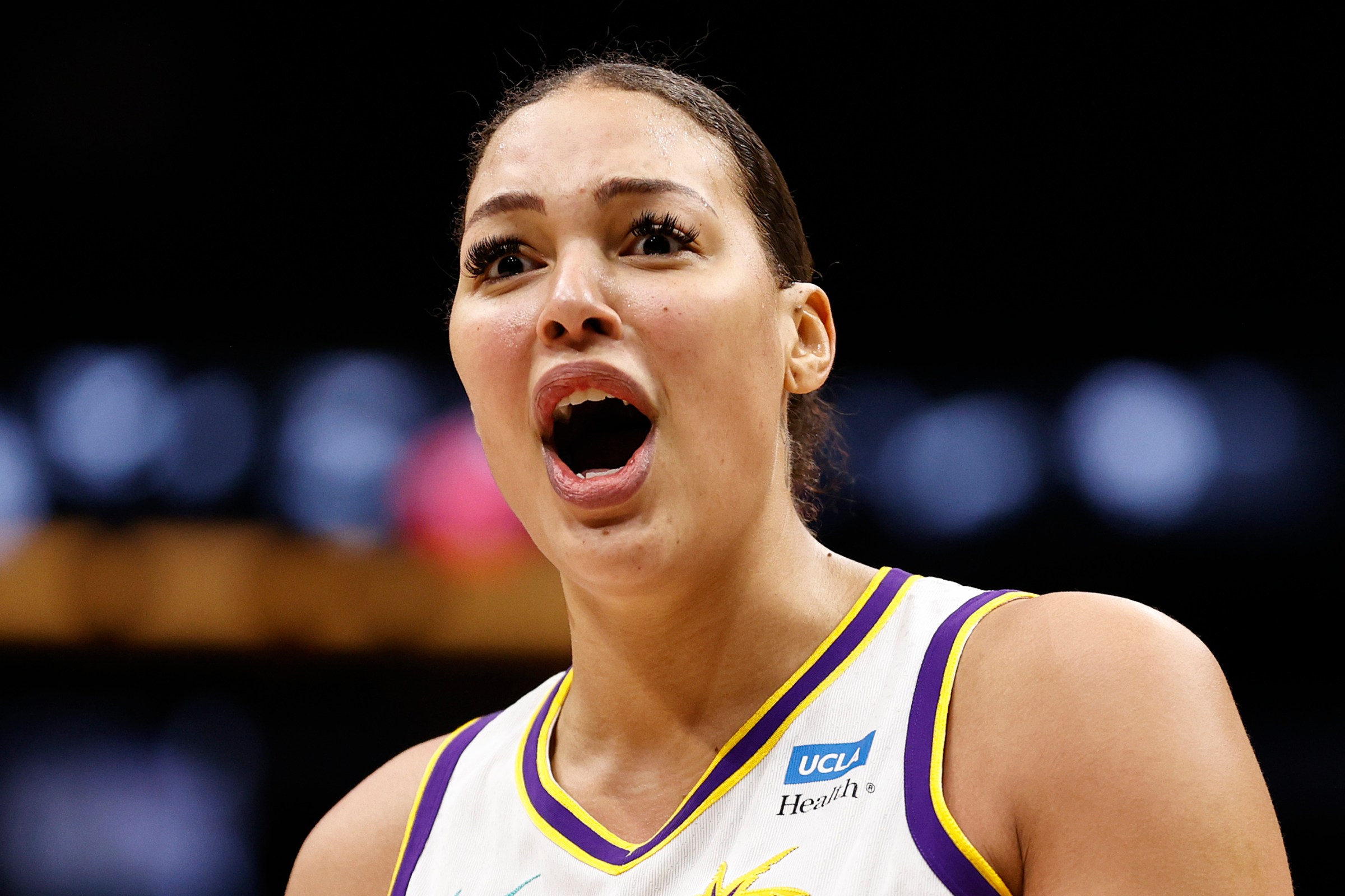 SEATTLE, WASHINGTON - MAY 20: Liz Cambage #1 of the Los Angeles Sparks reacts against the Seattle Storm during the first half at Climate Pledge Arena on May 20, 2022 in Seattle, Washington.