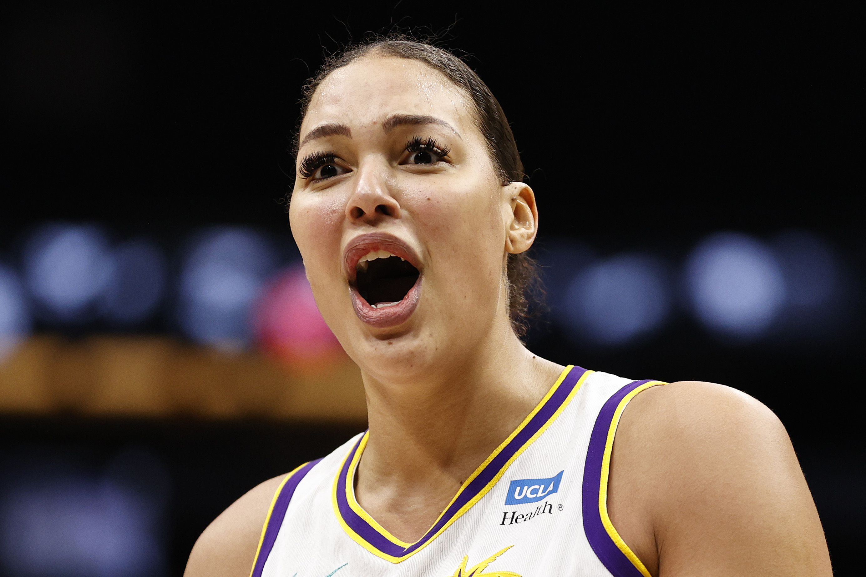 SEATTLE, WASHINGTON - MAY 20: Liz Cambage #1 of the Los Angeles Sparks reacts against the Seattle Storm during the first half at Climate Pledge Arena on May 20, 2022 in Seattle, Washington.