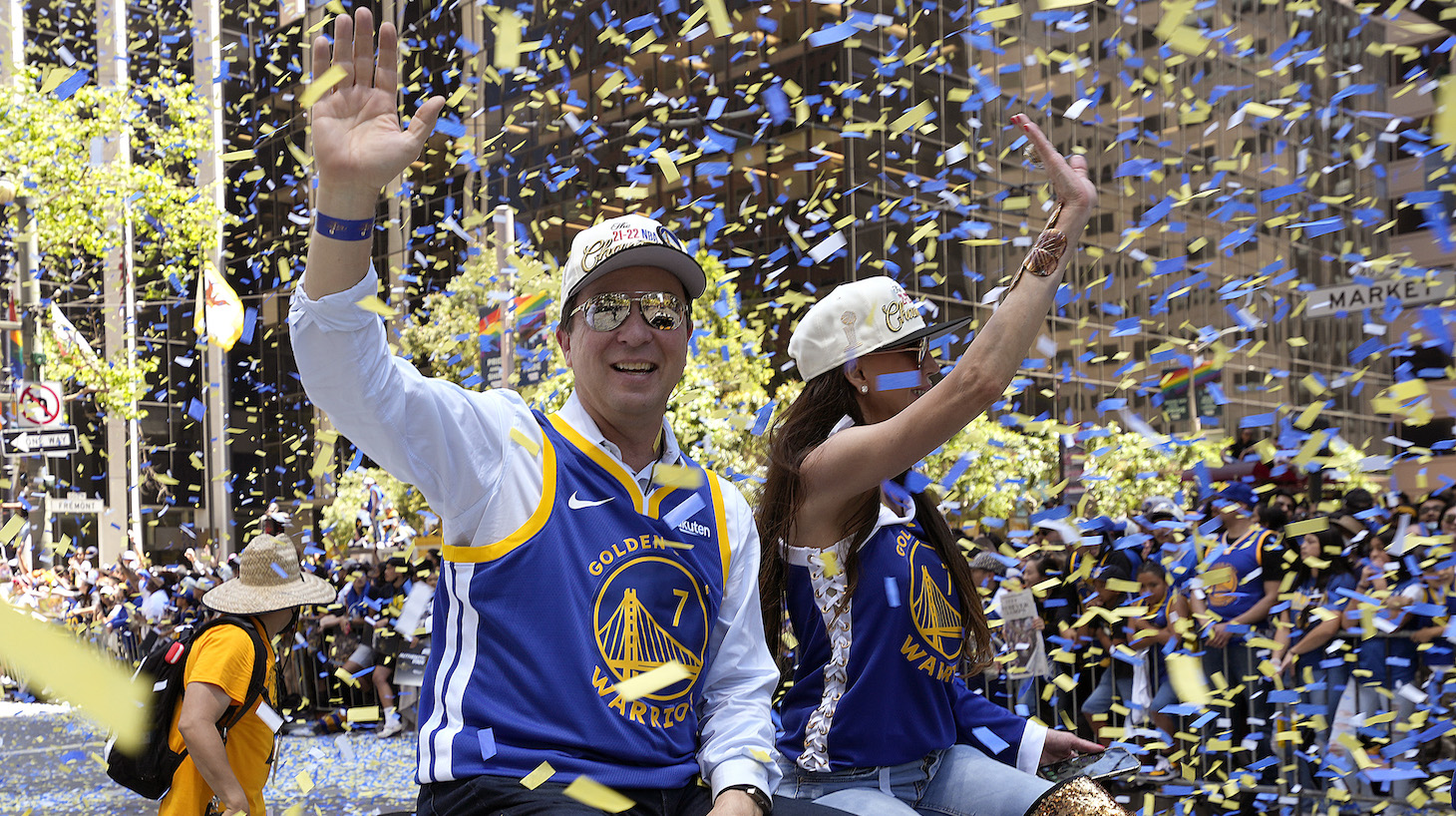Owner Joe Lacob of the Golden State Warriors waves to fans during the Golden State Warriors Victory Parade on June 20, 2022 in San Francisco, California. The Golden State Warriors beat the Boston Celtics 4-2 to win the 2022 NBA Finals.