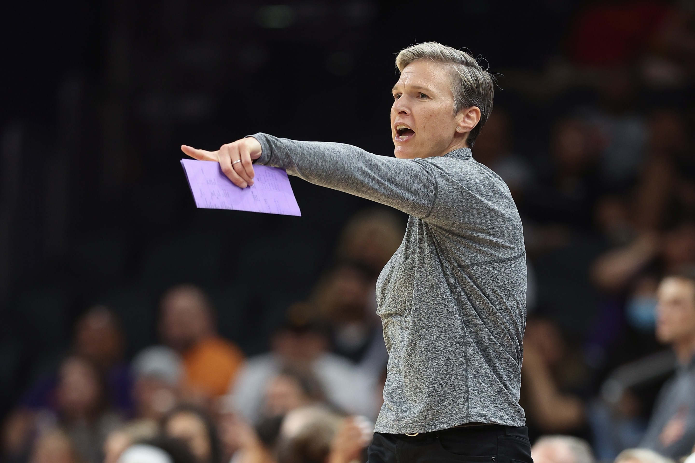 Head coach Vanessa Nygaard of the Phoenix Mercury reacts during the second half of the WNBA game at Footprint Center on June 27, 2022 in Phoenix, Arizona. The Mercury defeated the Fever 83-71.