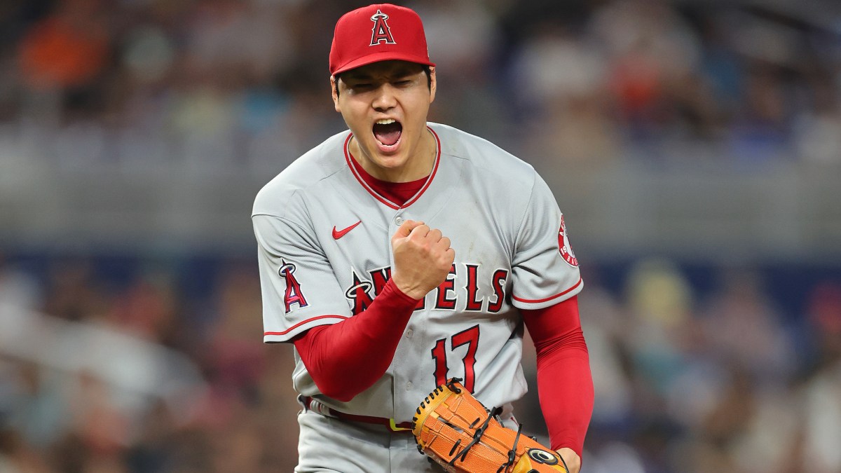 MIAMI, FLORIDA - JULY 06: Shohei Ohtani #17 of the Los Angeles Angels celebrates a strikeout during the seventh inning against the Miami Marlins at loanDepot park on July 06, 2022 in Miami, Florida. (Photo by Michael Reaves/Getty Images)