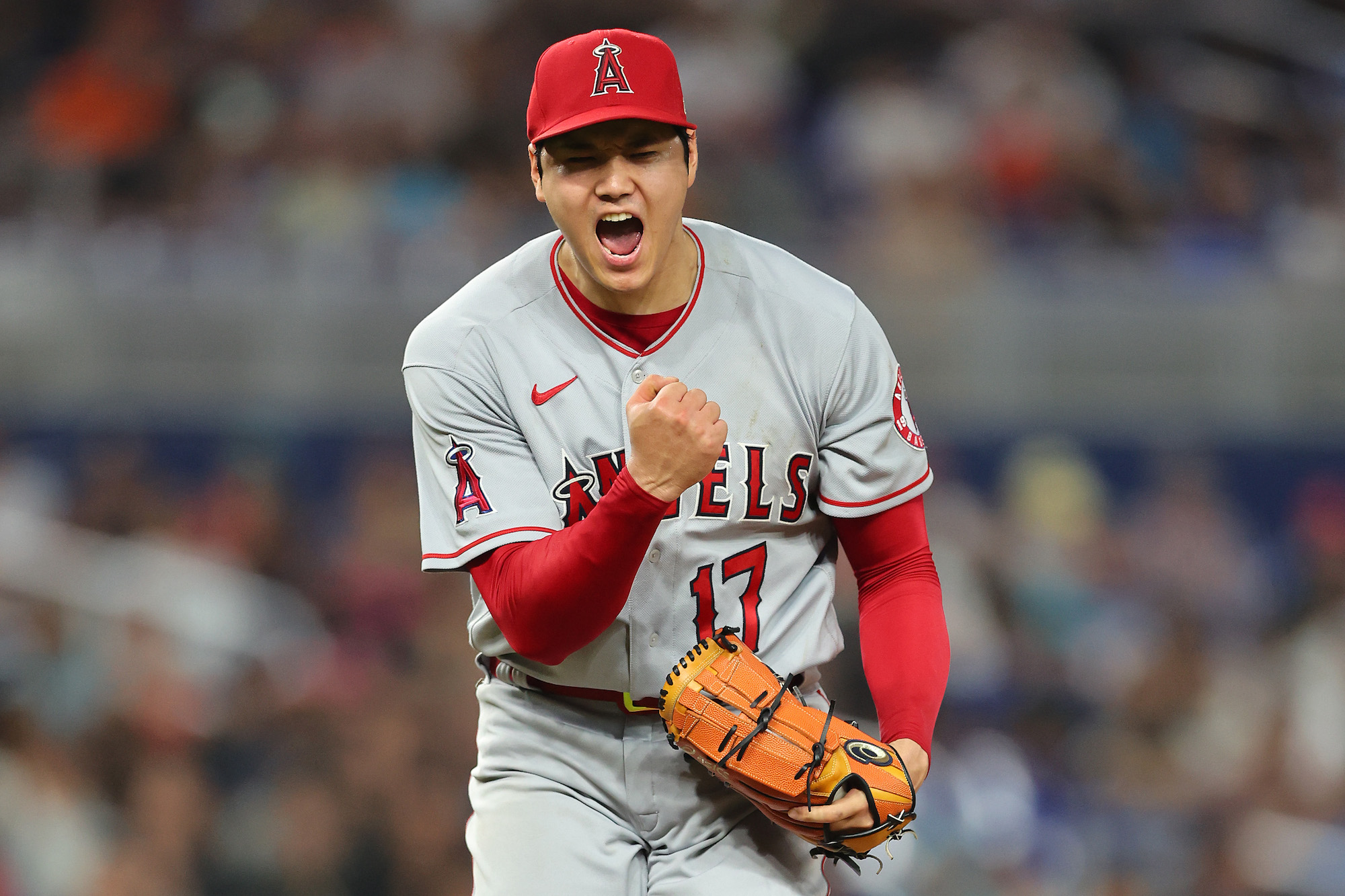 MIAMI, FLORIDA - JULY 06: Shohei Ohtani #17 of the Los Angeles Angels celebrates a strikeout during the seventh inning against the Miami Marlins at loanDepot park on July 06, 2022 in Miami, Florida. (Photo by Michael Reaves/Getty Images)