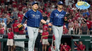 CINCINNATI, OHIO - JULY 08: Ji-Man Choi #26 and Matt Wisler #37 of the Tampa Bay Rays react after Wisler balked to end the game 2-1 in the tenth inning against the Cincinnati Reds at Great American Ball Park on July 08, 2022 in Cincinnati, Ohio. (Photo by Dylan Buell/Getty Images)
