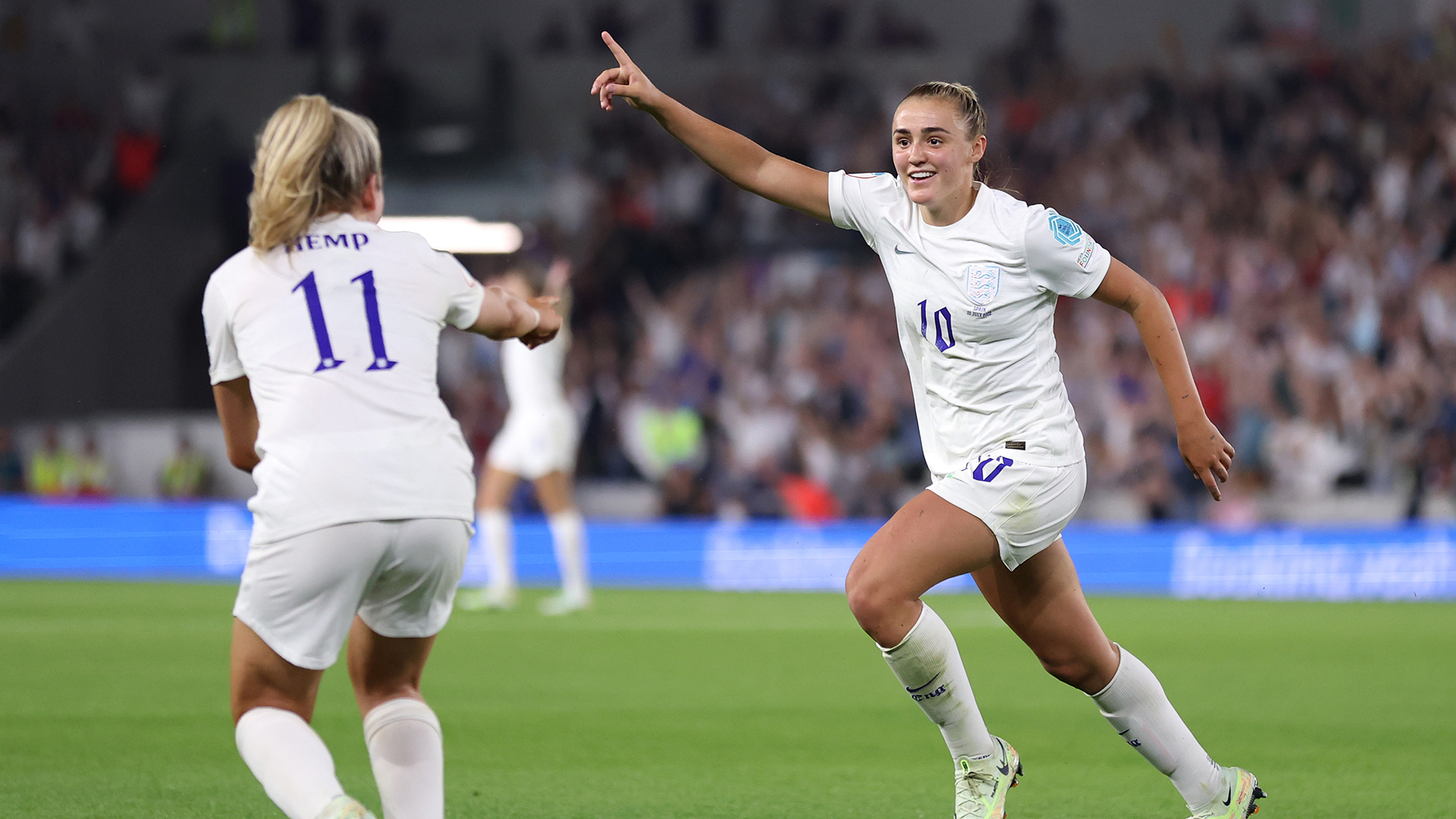Georgia Stanway of England celebrates after scoring their team's second goal during the UEFA Women's Euro 2022 Quarter Final match between England and Spain at Brighton & Hove Community Stadium on July 20, 2022 in Brighton, England.