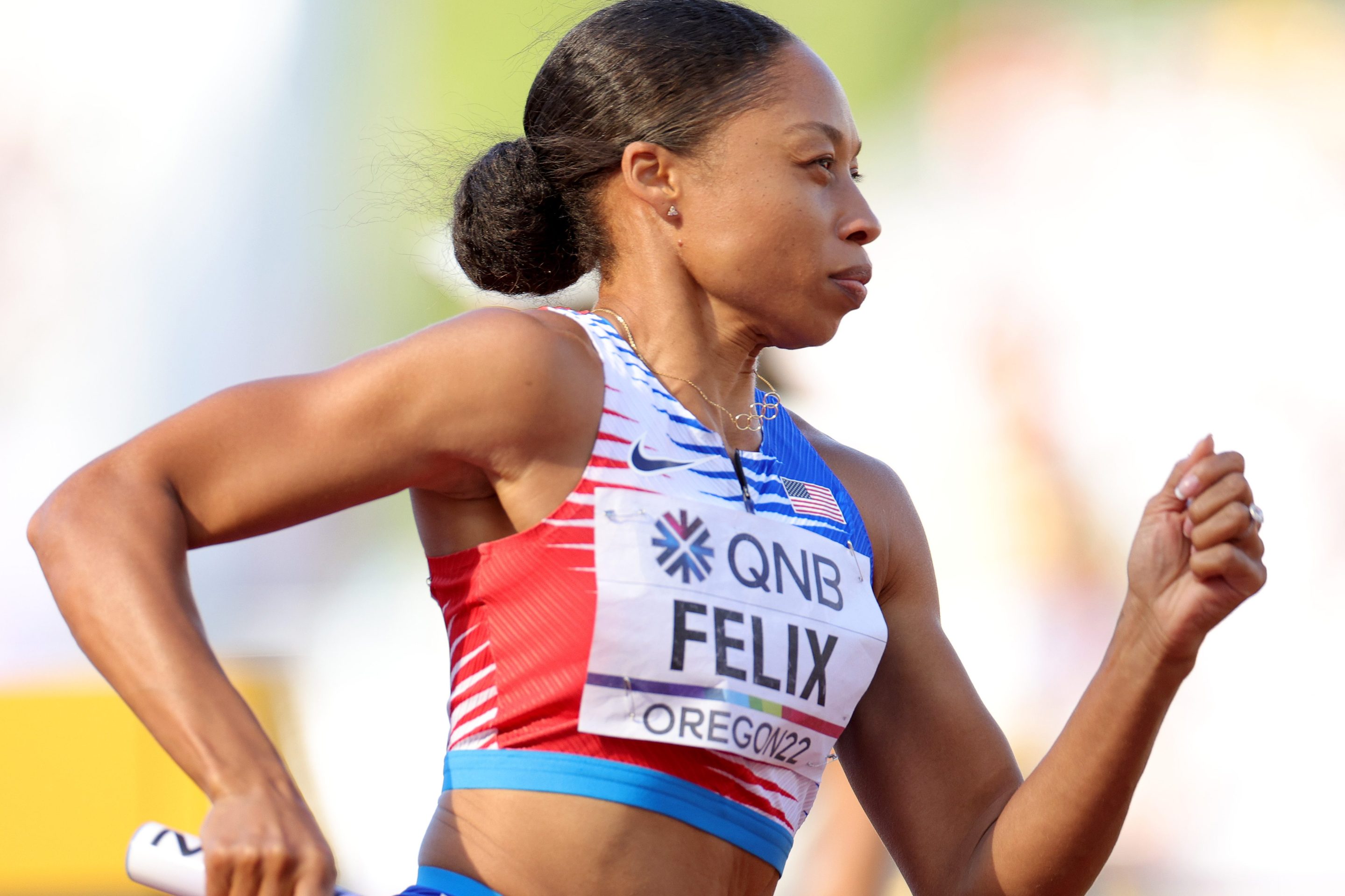 Allyson Felix of Team United States competes in the Women's 4x400m Relay heats on day nine of the World Athletics Championships Oregon22 at Hayward Field on July 23, 2022 in Eugene, Oregon.
