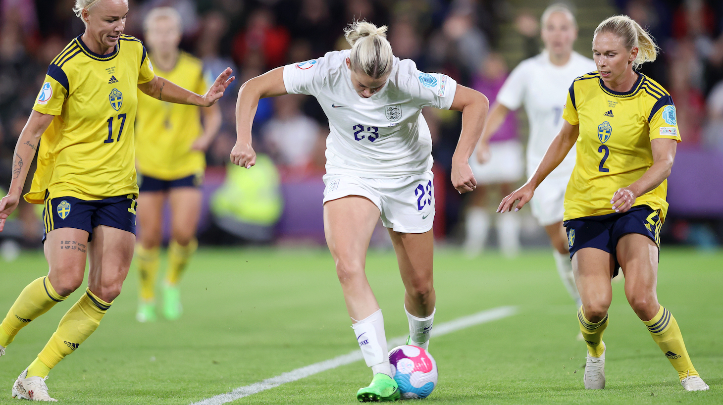Alessia Russo of England scores her teams third goal during the UEFA Women's Euro 2022 Semi Final match between England and Sweden at Bramall Lane on July 26, 2022 in Sheffield, England.
