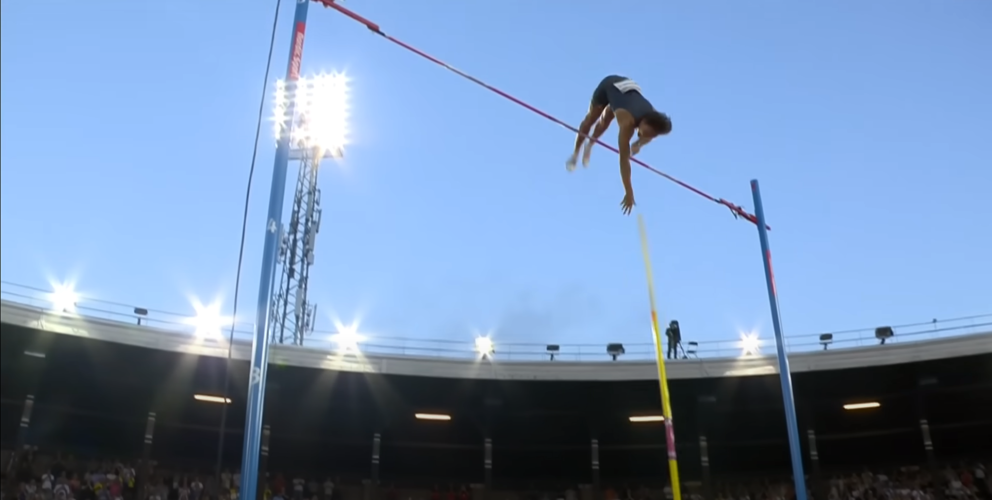 Mondo Duplantis setting an outdoor pole vault world record in Stockholm on June 30.