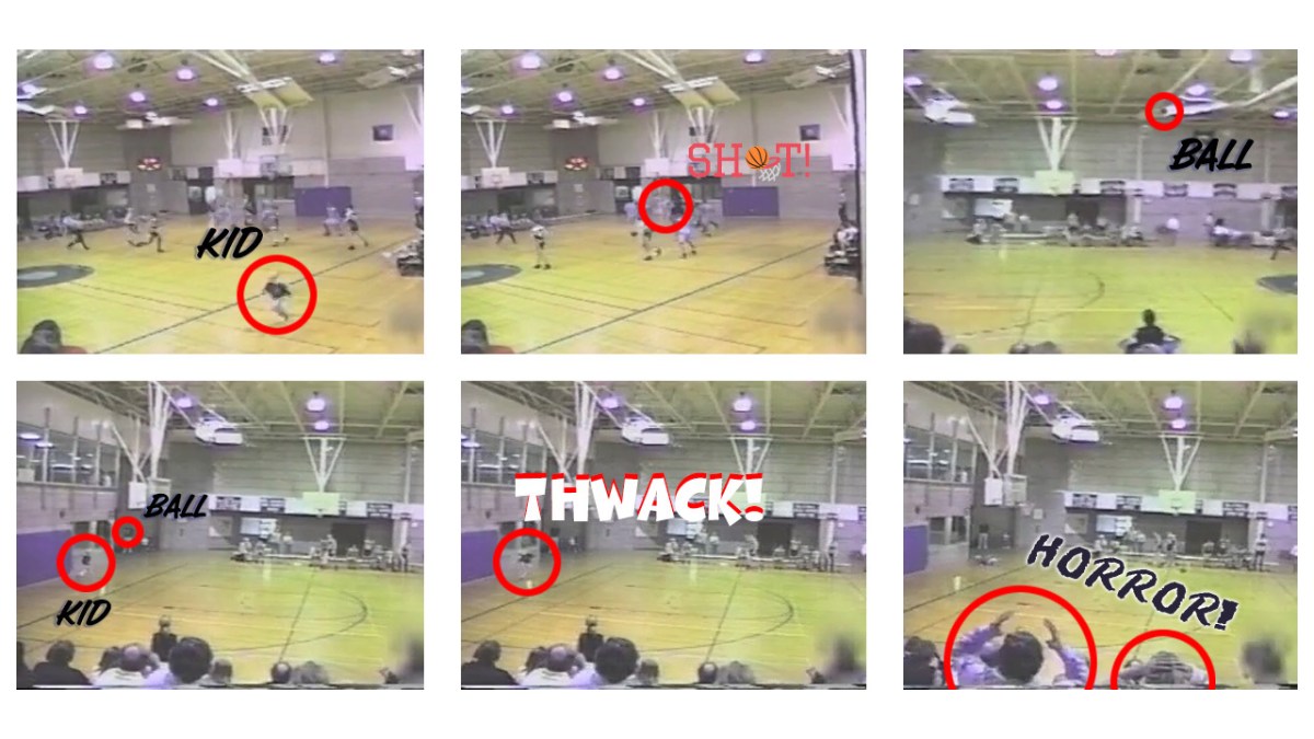 A comic of video stills of a kid getting hit in the head with a basketball