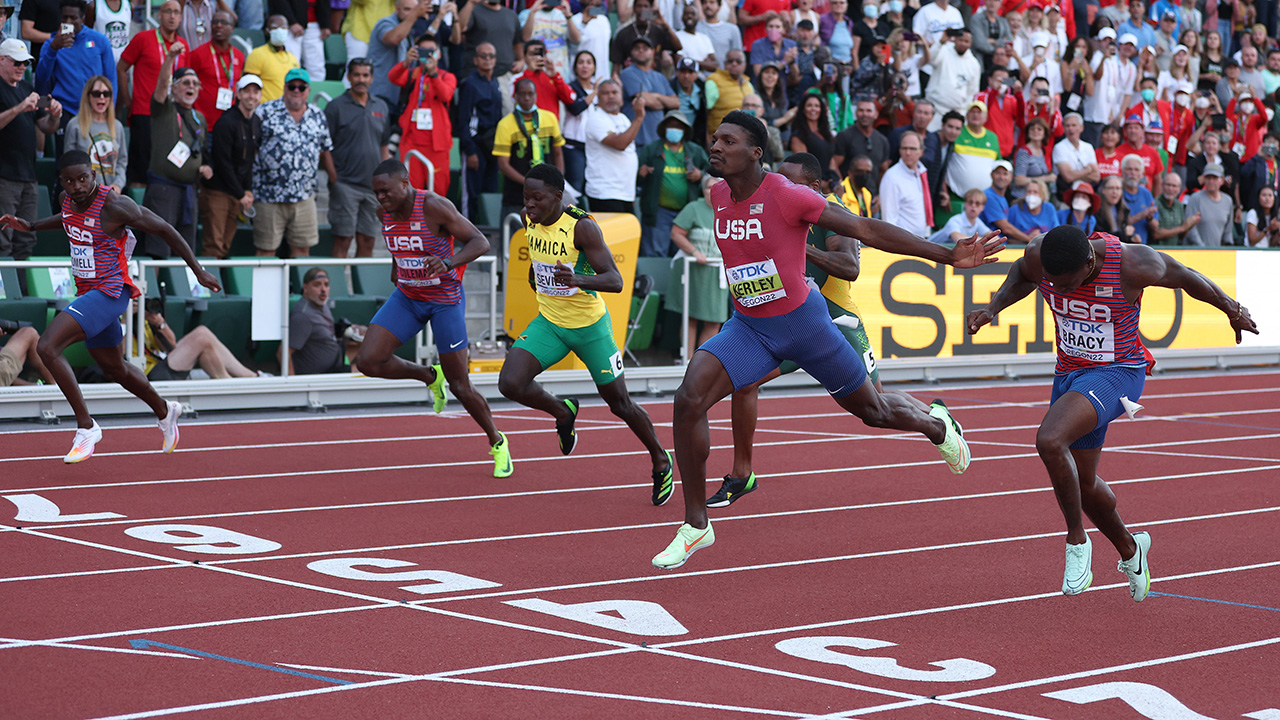Fred Kerley leans over the line to win the 100m Final at the World Athletics Championships