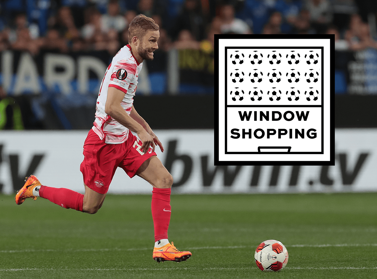 Konrad Laimer of RB Leipzig in action during the UEFA Europa League Quarter Final Leg Two match between Atalanta and RB Leipzig at Stadio di Bergamo on April 14, 2022 in Bergamo, Italy.