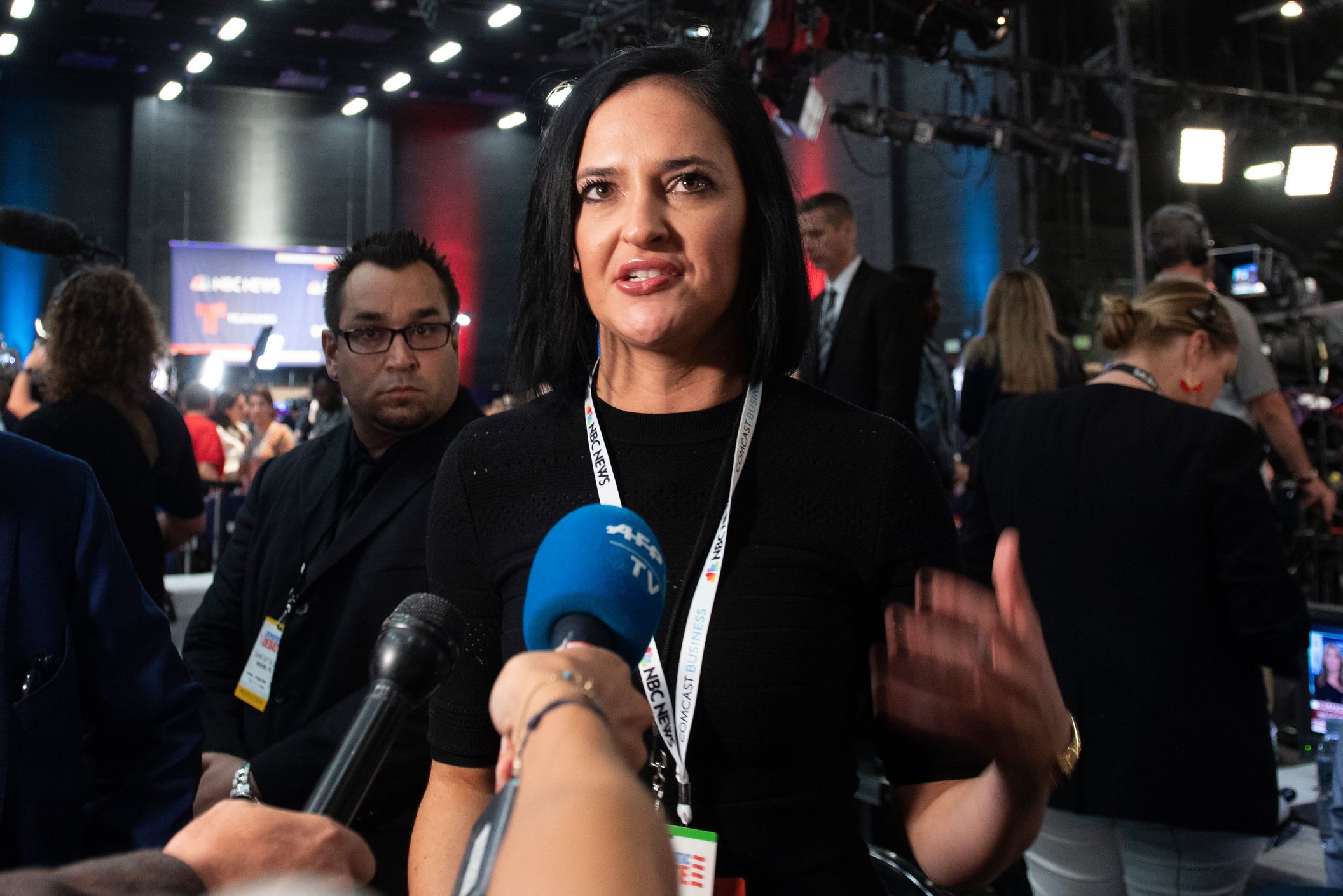Democratic presidential hopeful Pete Buttigieg's spokesperson Lis Smith speaks to the press in the Spin Room after participating in the second Democratic primary debate of the 2020 presidential campaign season hosted by NBC News at the Adrienne Arsht Center for the Performing Arts in Miami, Florida, June 27, 2019.