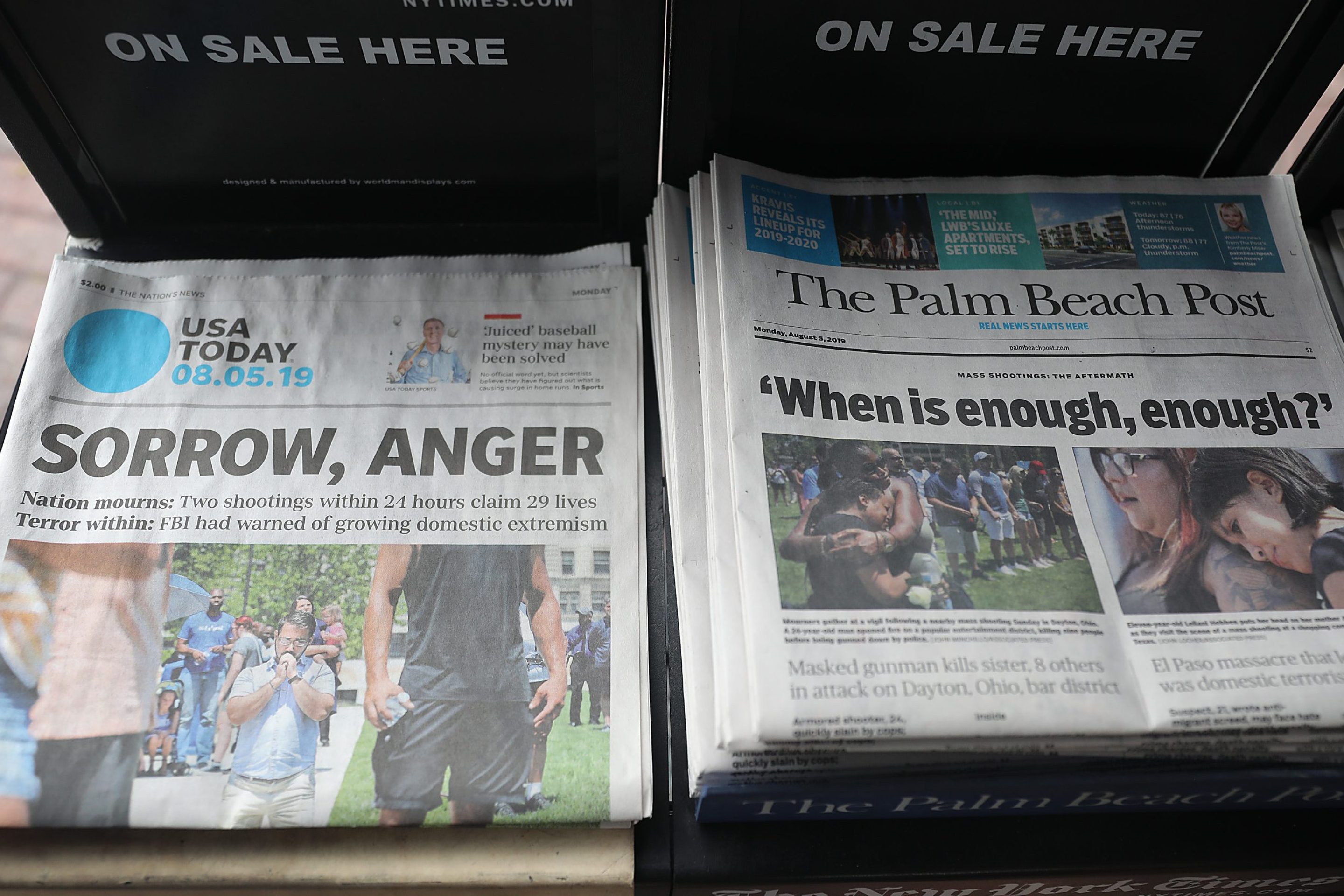 A GateHouse Media owned Palm Beach Post and the Gannett Co. owned USA Today are seen for sale at a newsstand on August 05, 2019 in Palm Beach, Florida. The Post now is also owned by Gannett