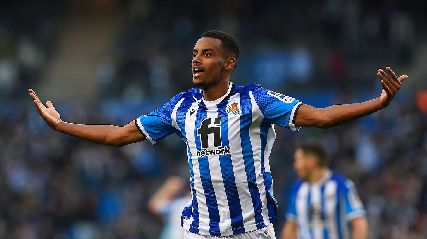 Real Sociedad's Swedish forward Alexander Isak celebrates scoring his team's first goal during the Spanish league football match between Real Sociedad and Villarreal CF at the Anoeta stadium in San Sebastian on December 18, 2021.