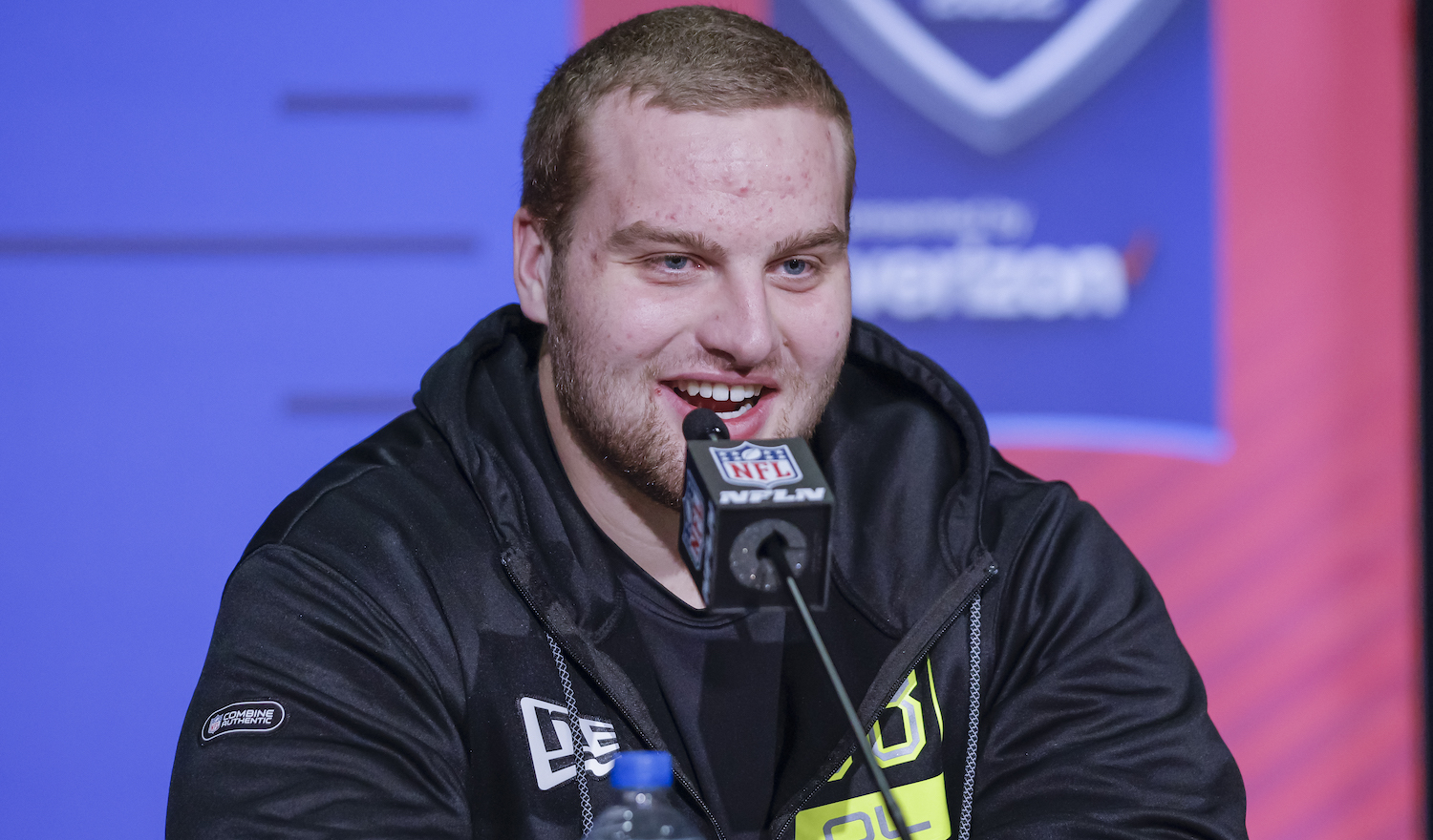 INDIANAPOLIS, IN - MAR 03: Trevor Penning #OL38 of the Northern Iowa Panthers speaks to reporters during the NFL Draft Combine at the Indiana Convention Center on March 3, 2022 in Indianapolis, Indiana. (Photo by Michael Hickey/Getty Images)