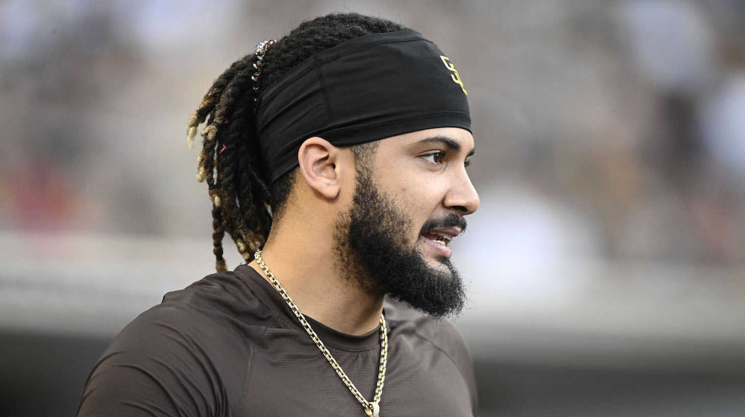 Fernando Tatis Jr. of the San Diego Padres looks on during the second inning of a baseball game against the Philadelphia Phillies June 23, 2022 at Petco Park in San Diego, California.