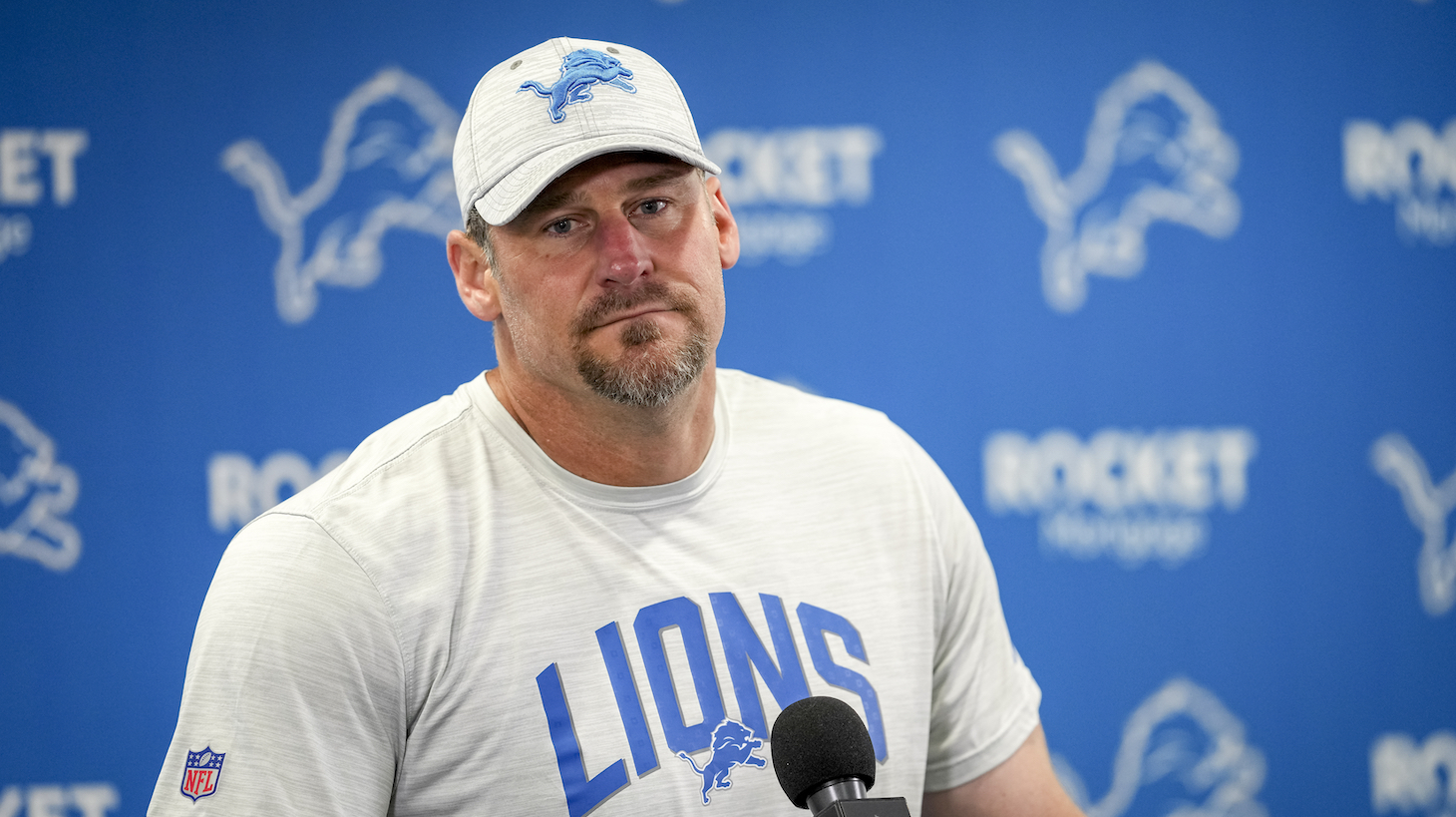 ALLEN PARK, MICHIGAN - JULY 27: Dan Campbell, head coach of the Detroit Lions during the Detroit Lions Training Camp on July 27, 2022 in Allen Park, Michigan. (Photo by Nic Antaya/Getty Images)