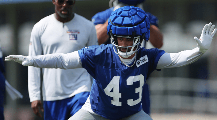 A New York Giant with a big dumb shell on his helmet