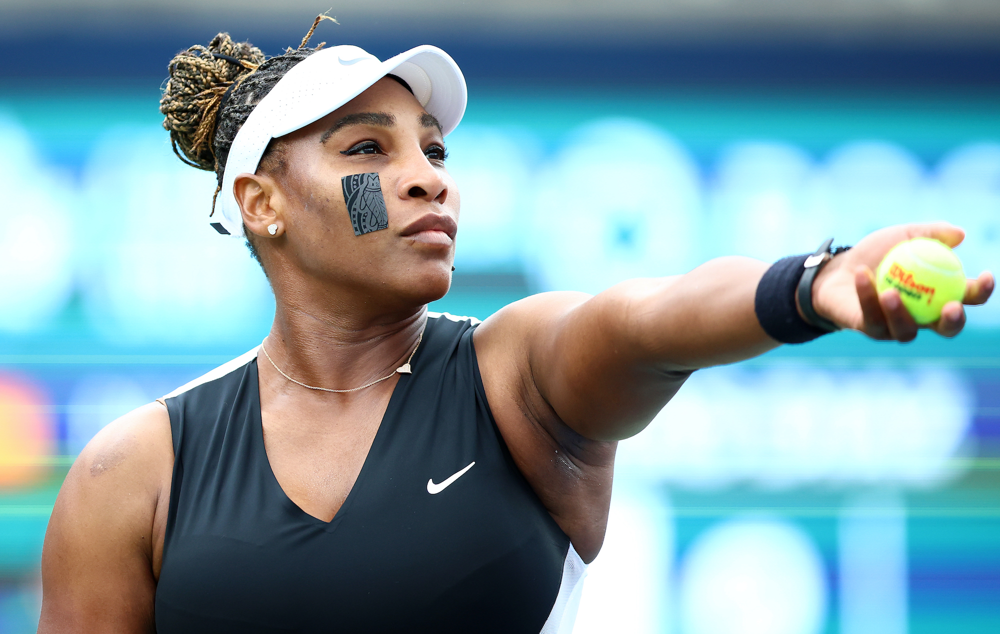 Serena Williams of the United States serves against Nuria Parrizas Diaz of Spain during the National Bank Open, part of the Hologic WTA Tour, at Sobeys Stadium on August 8, 2022 in Toronto, Ontario, Canada.