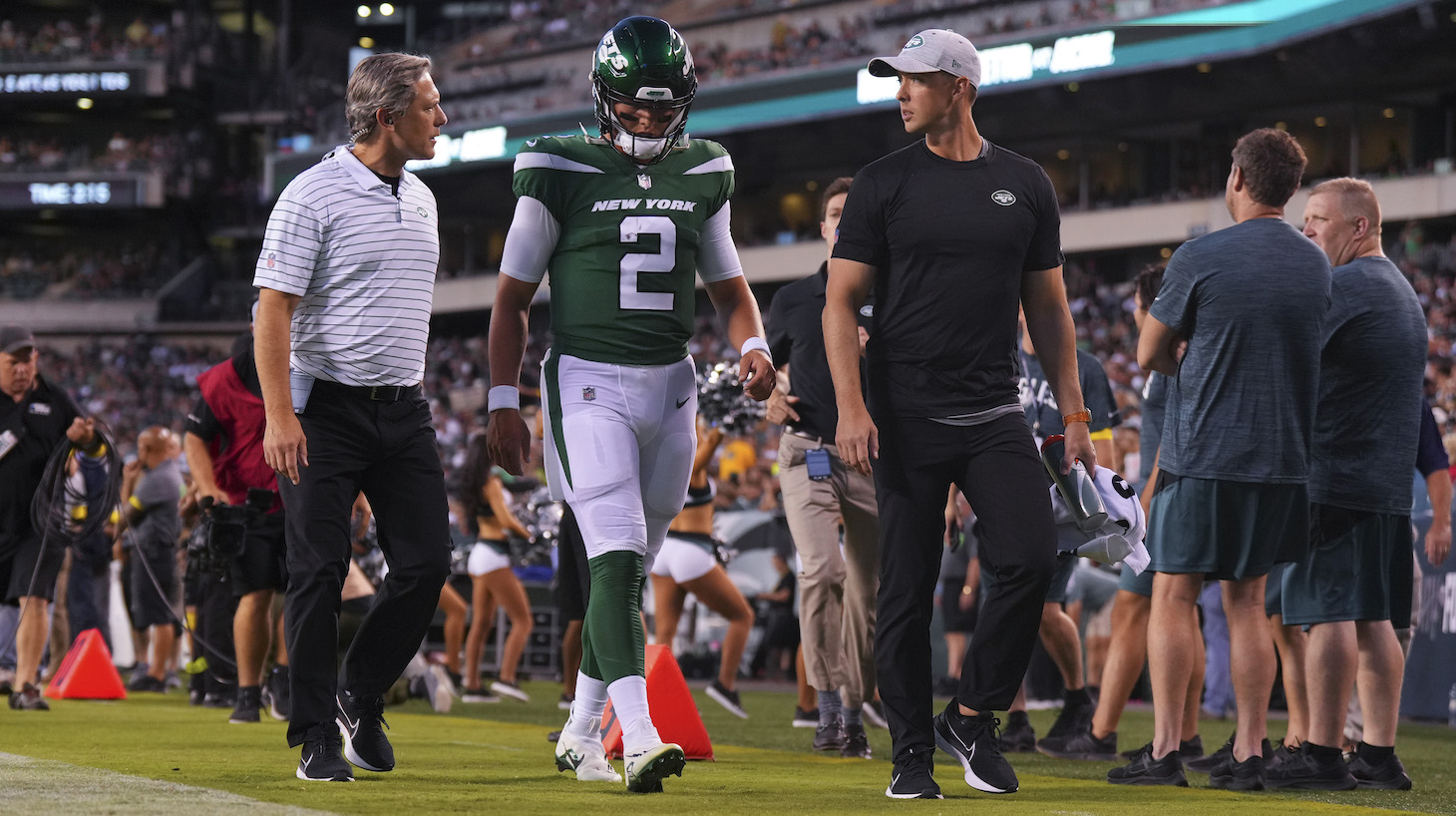 Zach Wilson of the New York Jets walks to the locker room after an injury against the Philadelphia Eagles in the first half of the preseason game against the New York Jets at Lincoln Financial Field on August 12, 2022 in Philadelphia, Pennsylvania.