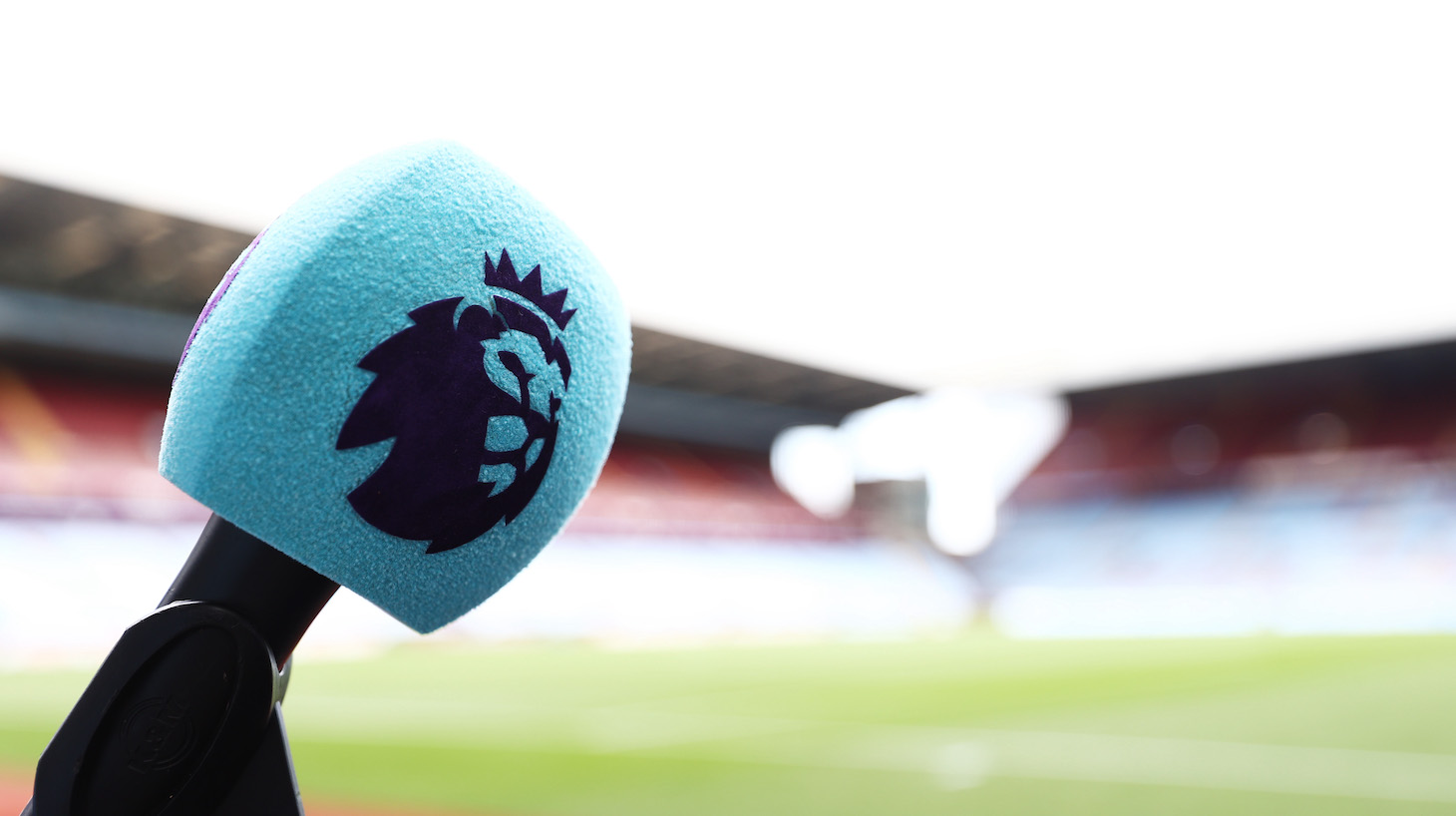 A detailed of a Premier League microphone prior to the Premier League match between Aston Villa and Liverpool at Villa Park on May 10, 2022 in Birmingham, England.