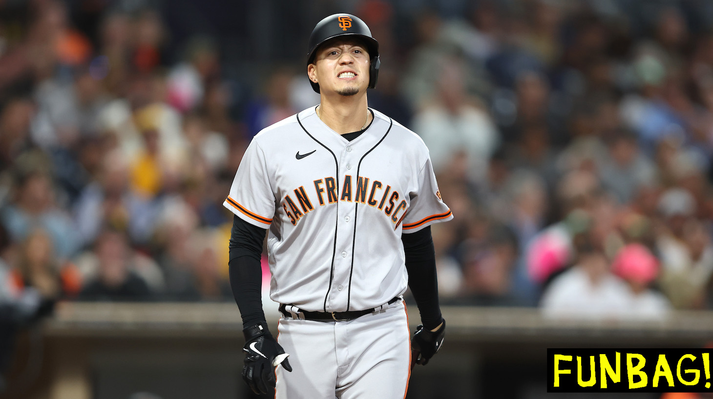 SAN DIEGO, CALIFORNIA - JULY 08: Wilmer Flores #41 of the San Francisco Giants reacts to fouling a ball off his foot during the fouth inning of a game against the San Diego Padres at PETCO Park on July 08, 2022 in San Diego, California. (Photo by Sean M. Haffey/Getty Images)