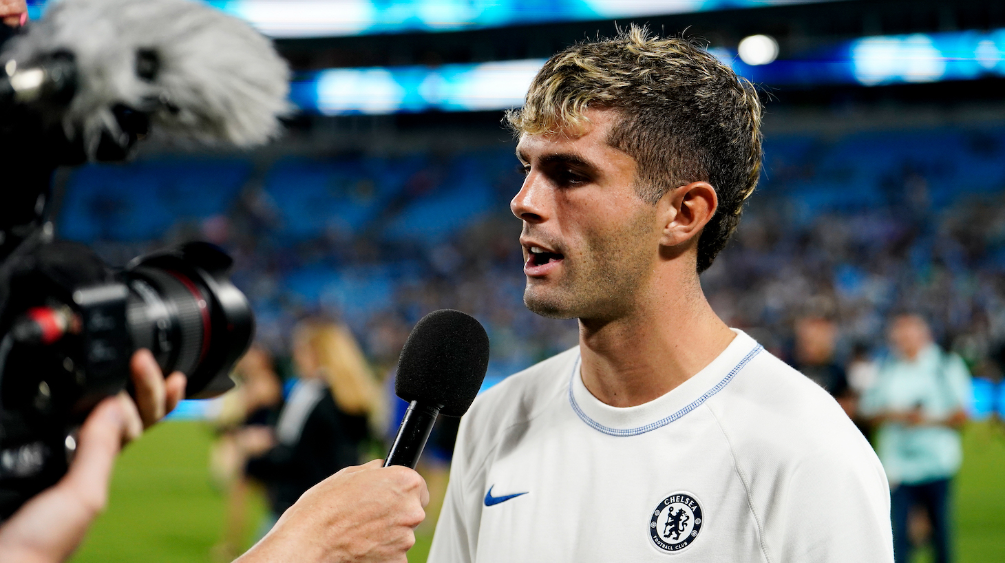 Christian Pulisic of Chelsea speaks to the media after the Pre-Season Friendly match between Chelsea FC and Charlotte FC at Bank of America Stadium on July 20, 2022 in Charlotte, North Carolina.