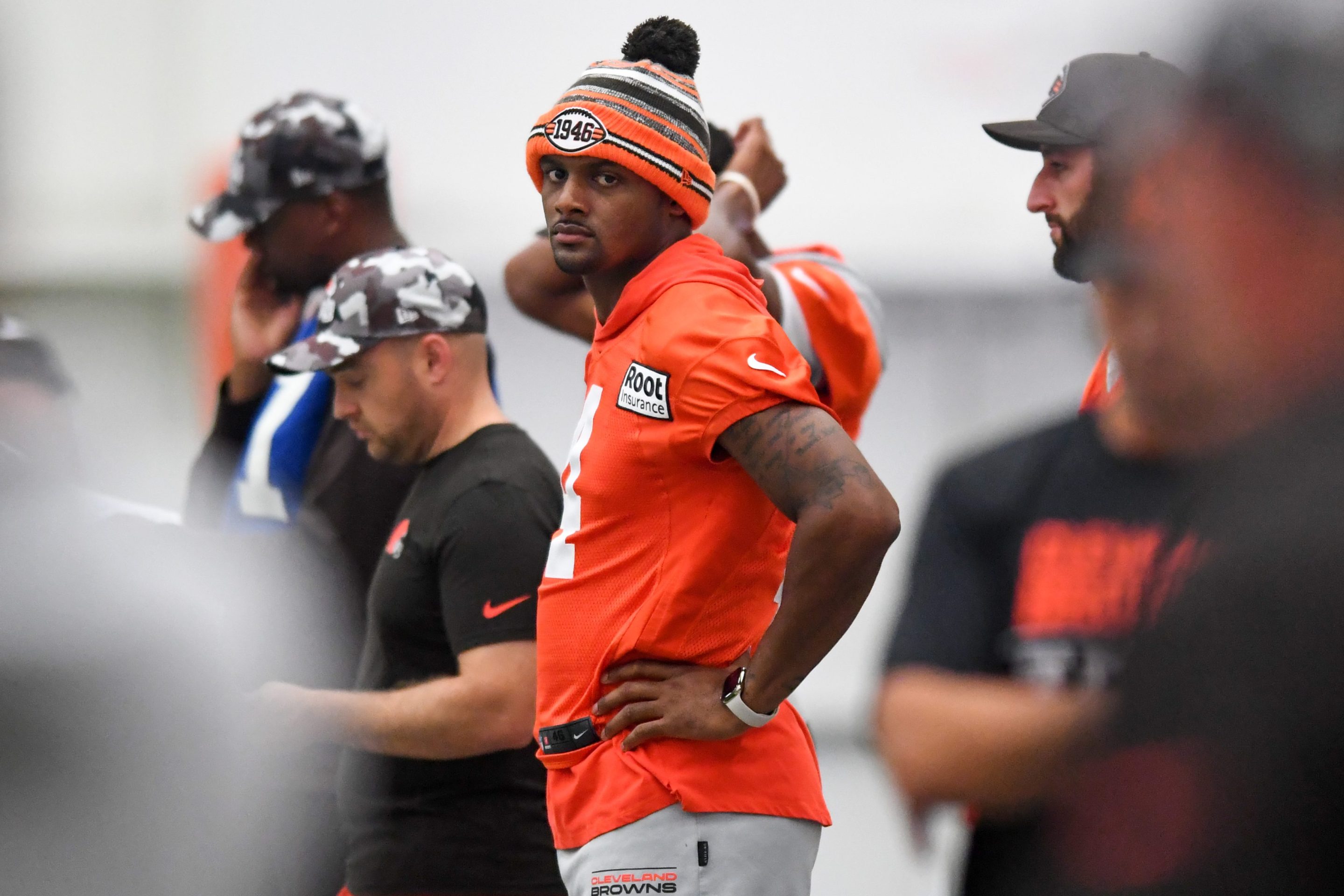 Deshaun Watson #4 of the Cleveland Browns looks on during Cleveland Browns training camp at CrossCountry Mortgage Campus on July 27, 2022 in Berea, Ohio.