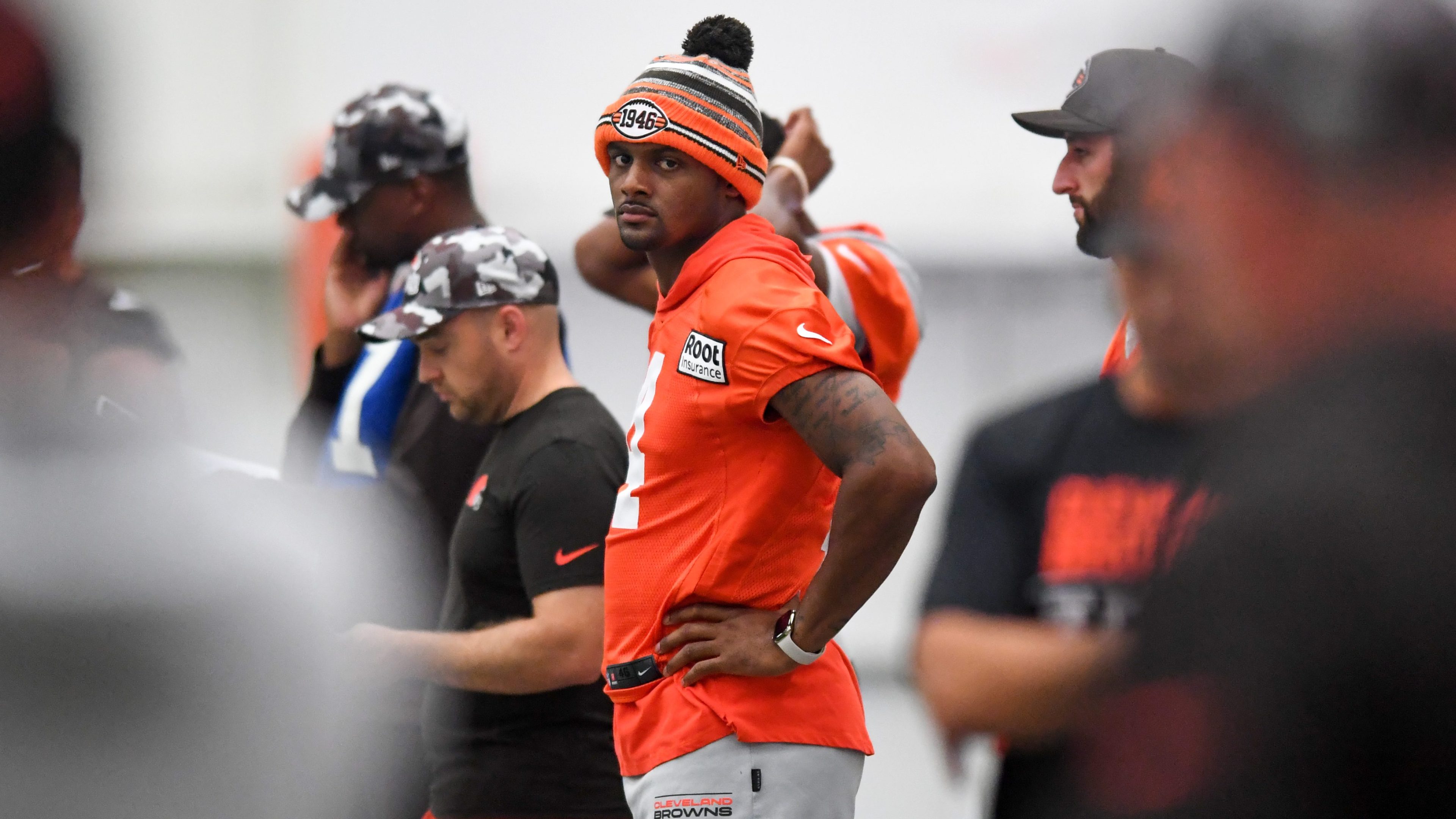 Deshaun Watson #4 of the Cleveland Browns looks on during Cleveland Browns training camp at CrossCountry Mortgage Campus on July 27, 2022 in Berea, Ohio.