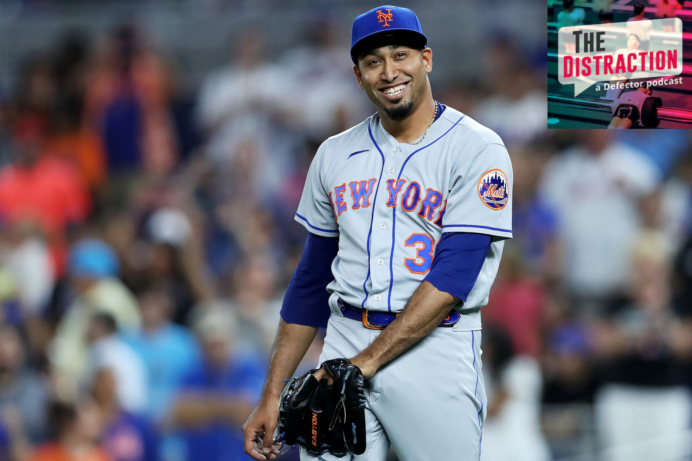 Mets closer Edwin Diaz, smiling on the mound during a save against the Marlins in July of 2022.