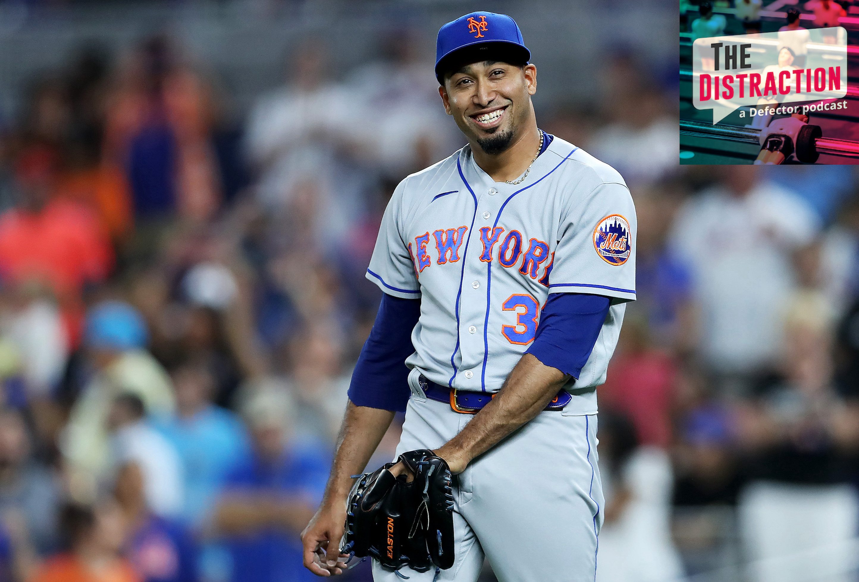 Mets closer Edwin Diaz, smiling on the mound during a save against the Marlins in July of 2022.
