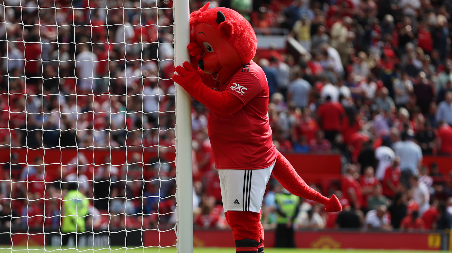 Manchester United mascot Fred the Red during the Premier League match between Manchester United and Brighton & Hove Albion at Old Trafford on August 07, 2022 in Manchester, England.