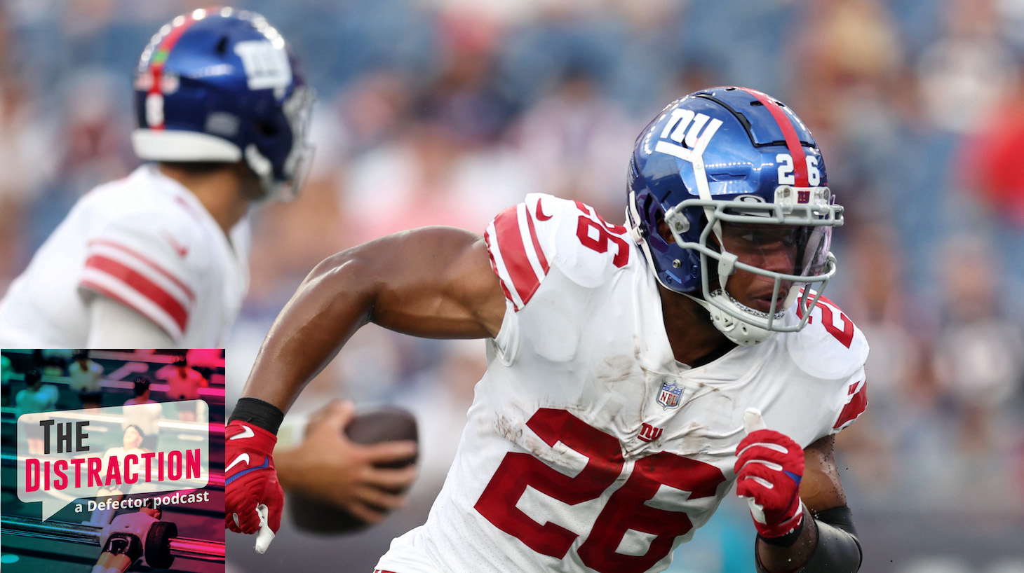 FOXBOROUGH, MASSACHUSETTS - AUGUST 11: Saquon Barkley #26 of the New York Giants makes a run during the preseason game between the New York Giants and the New England Patriots at Gillette Stadium on August 11, 2022 in Foxborough, Massachusetts. (Photo by Maddie Meyer/Getty Images)