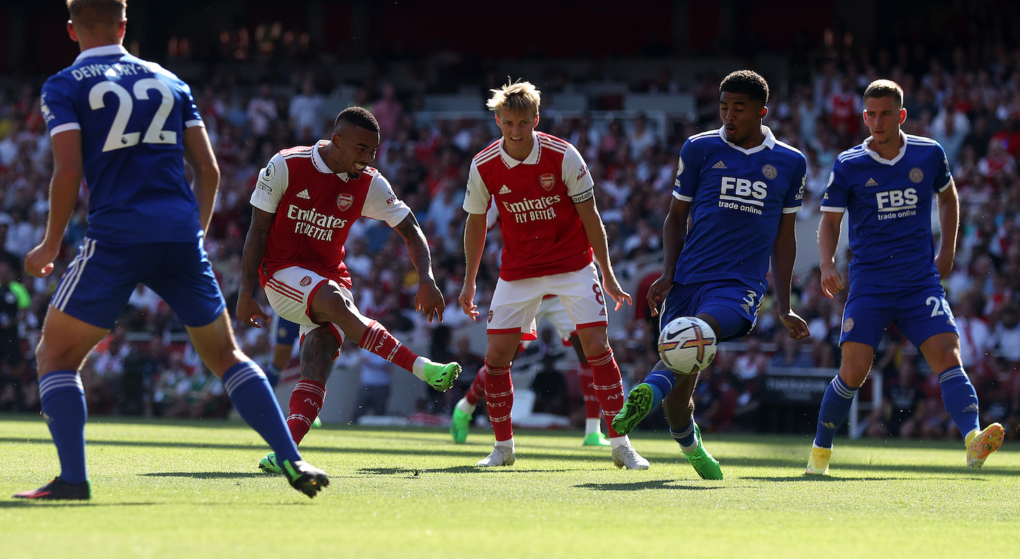 Gabriel Jesus of Arsenal nearly scores during the Premier League match between Arsenal FC and Leicester City at Emirates Stadium on August 13, 2022 in London, England.