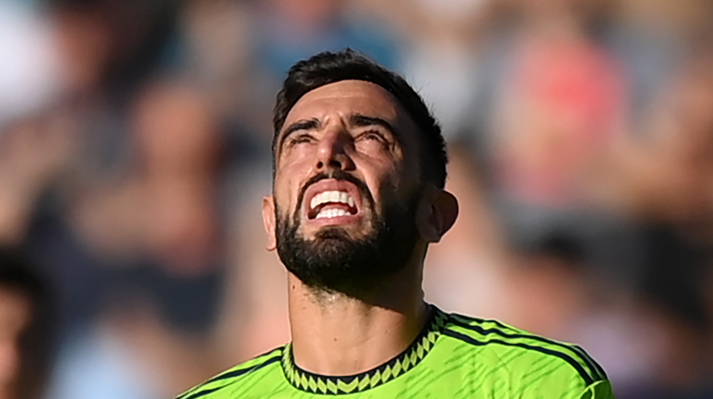 Bruno Fernades of Manchester United looks dejected during the Premier League match between Brentford FC and Manchester United at Brentford Community Stadium on August 13, 2022 in Brentford, England.