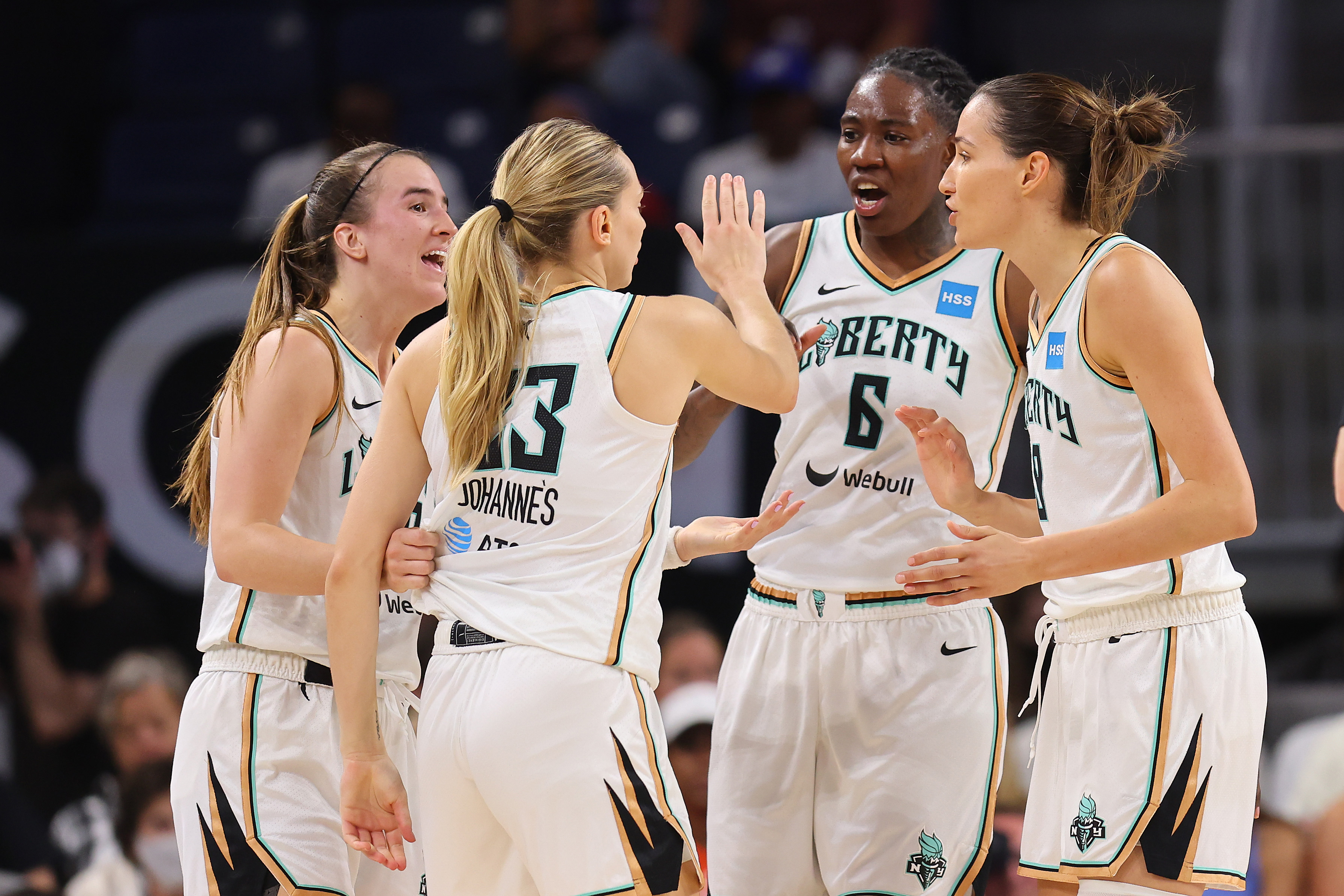 CHICAGO, ILLINOIS - AUGUST 17: Marine Johannes #23 of the New York Liberty celebrates a three pointer and a foul with teammates against the Chicago Sky during the first half in Game One of the First Round of the 2022 WNBA Playoffs at Wintrust Arena on August 17, 2022 in Chicago, Illinois.