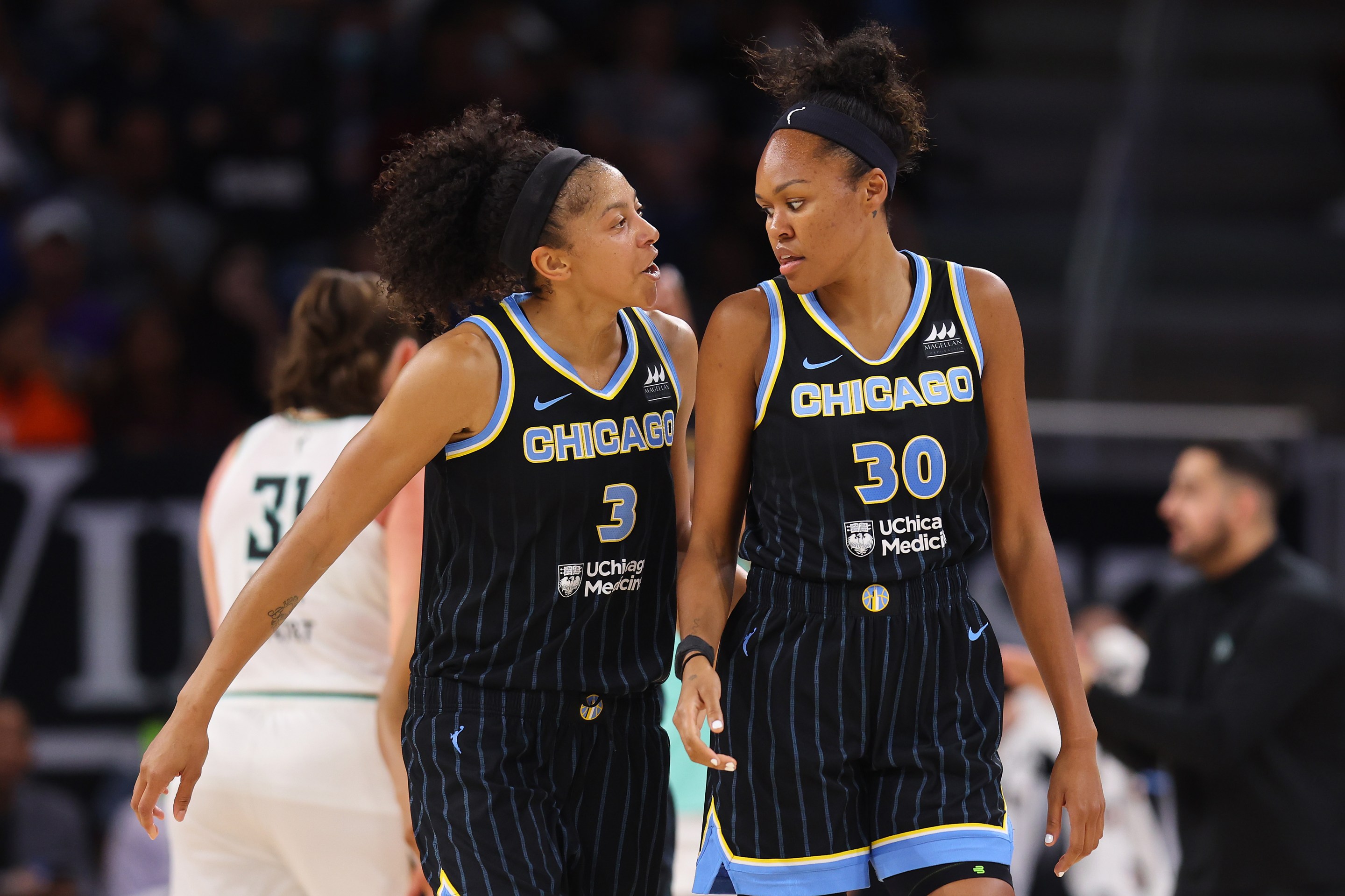 CHICAGO, ILLINOIS - AUGUST 17: Candace Parker #3 and Azura Stevens #30 of the Chicago Sky talk against the New York Liberty in Game One of the First Round of the 2022 WNBA Playoffs at Wintrust Arena on August 17, 2022 in Chicago, Illinois.
