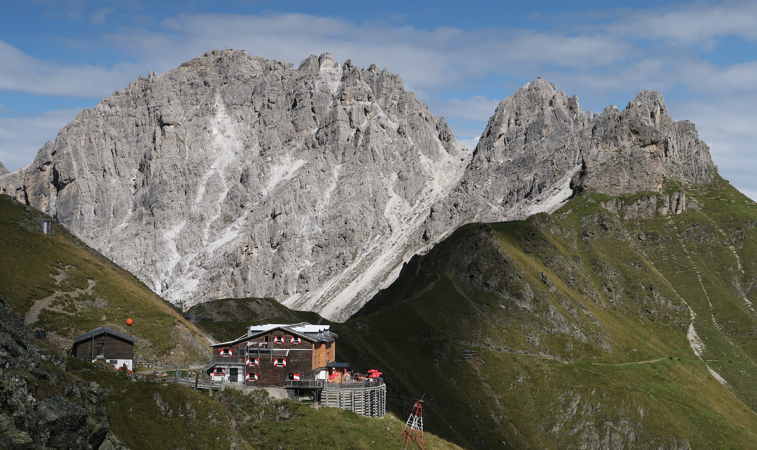 NEUSTIFT IM STUBAITAL, AUSTRIA - AUGUST 25: The Innsbrucker Hütte mountain hut stands in the Stubai Alps (Stubaier Alpen) mountain range on August 25, 2022 near Neustift im Stubaital, Austria. The hut lies on the Stubaier Höhenweg in Tyrol, a challenging alpine hiking trail that is among the most popular in Austria. (Photo by Sean Gallup/Getty Images)