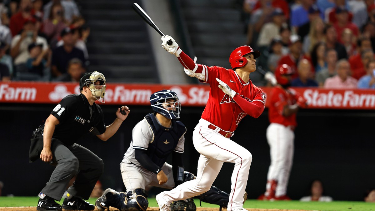 Shohei Ohtani #17 of the Los Angeles Angels hits a two-run home run against the New York Yankees during the fifth inning at Angel Stadium of Anaheim on August 29, 2022 in Anaheim, California.