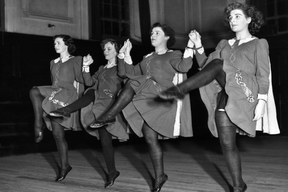5th January 1950: A group of Irish folk dancers giving a display at the English Folk Dance and Song Society, Regent's Park, London. (Photo by Keystone/Getty Images)