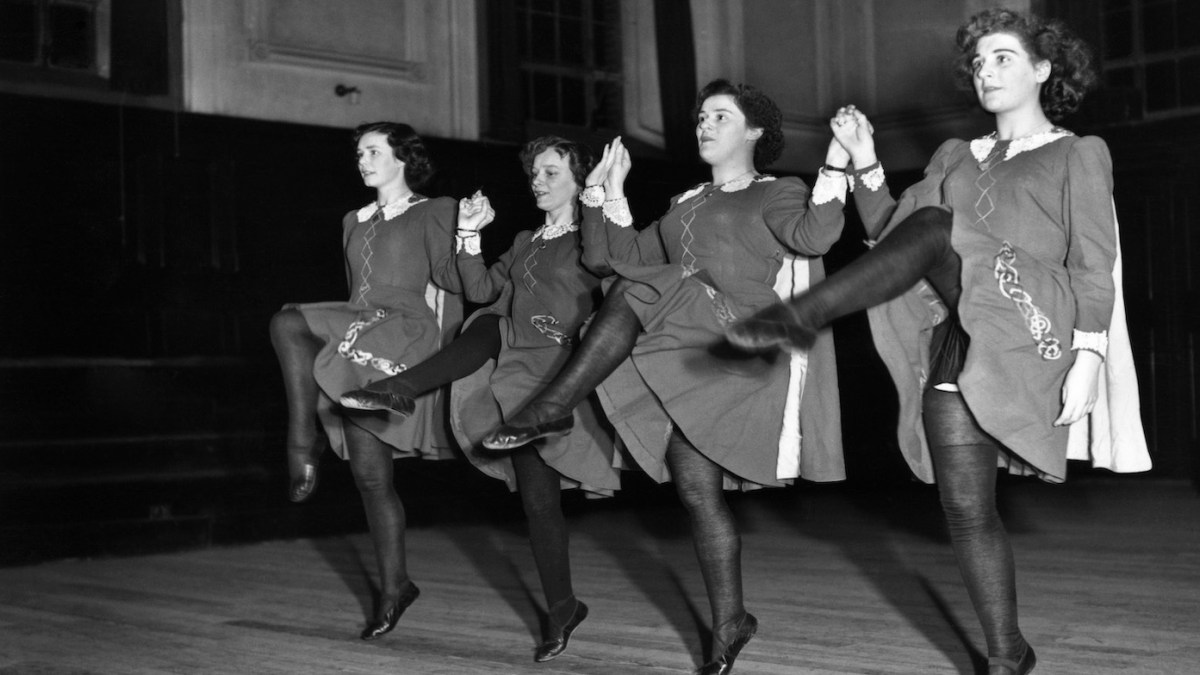 5th January 1950: A group of Irish folk dancers giving a display at the English Folk Dance and Song Society, Regent's Park, London. (Photo by Keystone/Getty Images)