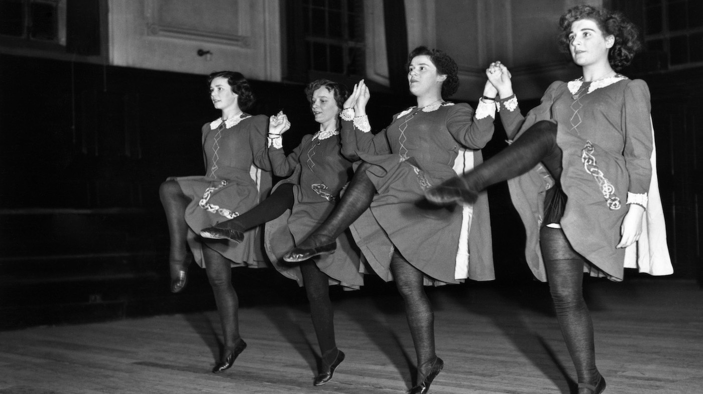 5th January 1950: A group of Irish folk dancers giving a display at the English Folk Dance and Song Society, Regent's Park, London. (Photo by Keystone/Getty Images)