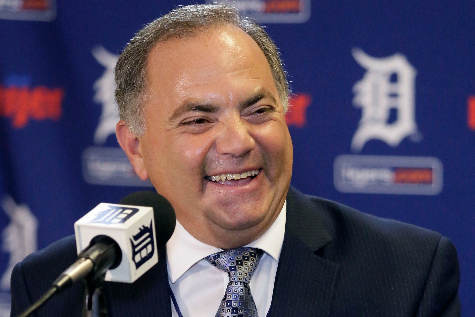 DETROIT, MI - AUGUST 4: Al Avila laughs during a news conference at Comerica Park after he was promoted to executive vice president of baseball operations and general manager on August 4, 2015 in Detroit, Michigan. Avila replaces Dave Dombrowski who was the Tigers' general manager since 2002. (Photo by Duane Burleson/Getty Images)