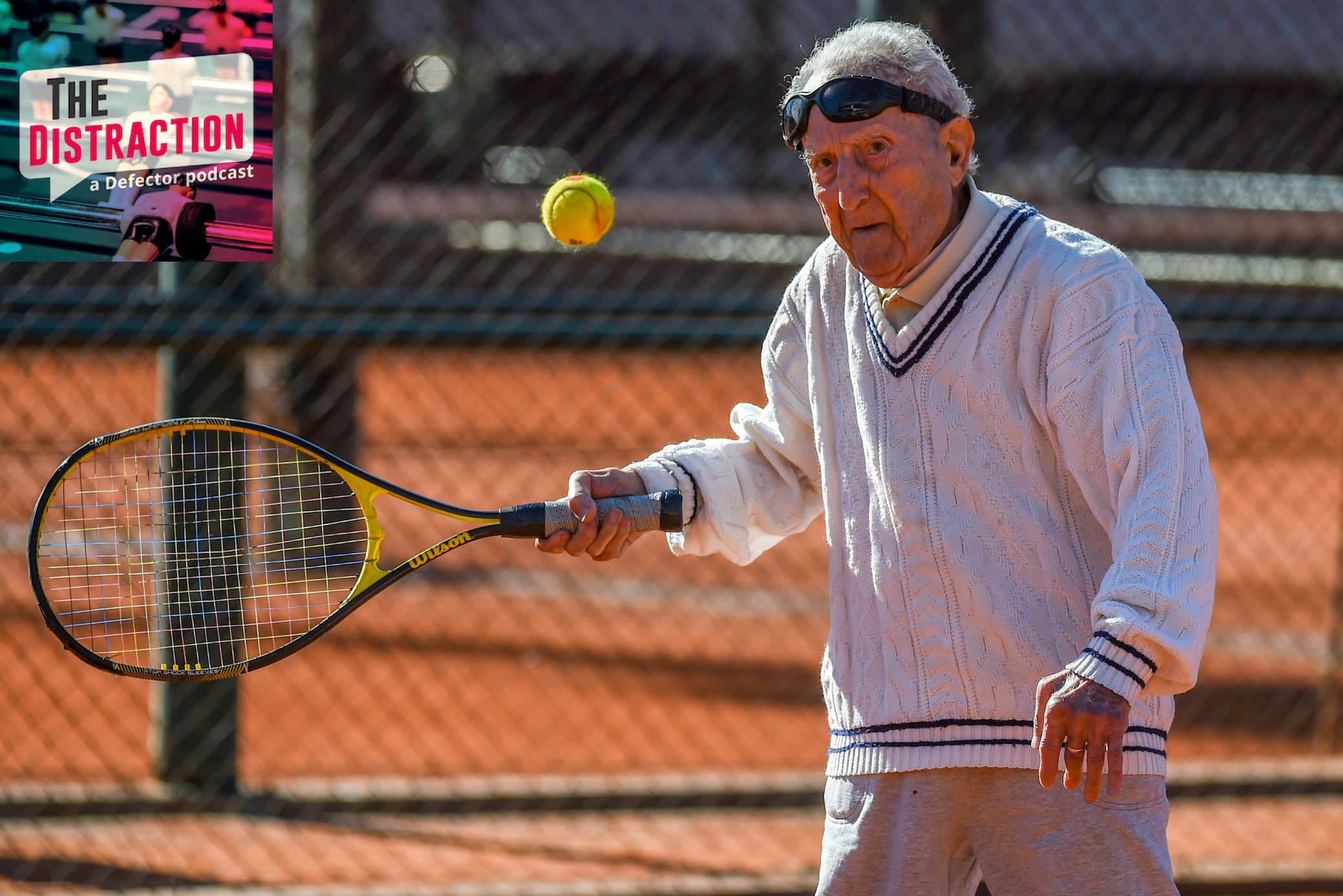 Armenian-born Argentine 100-year-old Artyn Elmayan plays tennis in Buenos Aires in 2017. The reason this image is on here is that this is our 100th episode.
